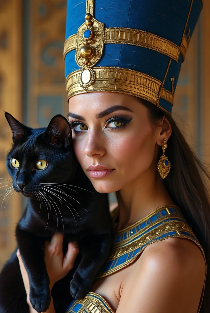 Highest quality, masterpiece, medium closeup shot, RAW photo, of (elegant ancient Egyptian woman with short hair, in Egyptian temple, with a fluffy cute cat), (psychedelia), ancient Egyptian attire, Cleopatra, (sphinx:0.6), (pyramids:0.7),  (highly detailed skin), ancient rune tattoos, skin texture,  (portrait:0.9), (detailed face), alluring eyes, [cool|warm] color temperature, soft focus, diffused soft lighting, (backlighting:0.8), photographed on a Nikon D850, 50mm lens, F/2.8 aperture, (exposure boost:0.5), (highly detailed, intricate details), minimal shadows, absurdres, 8mm film grain
