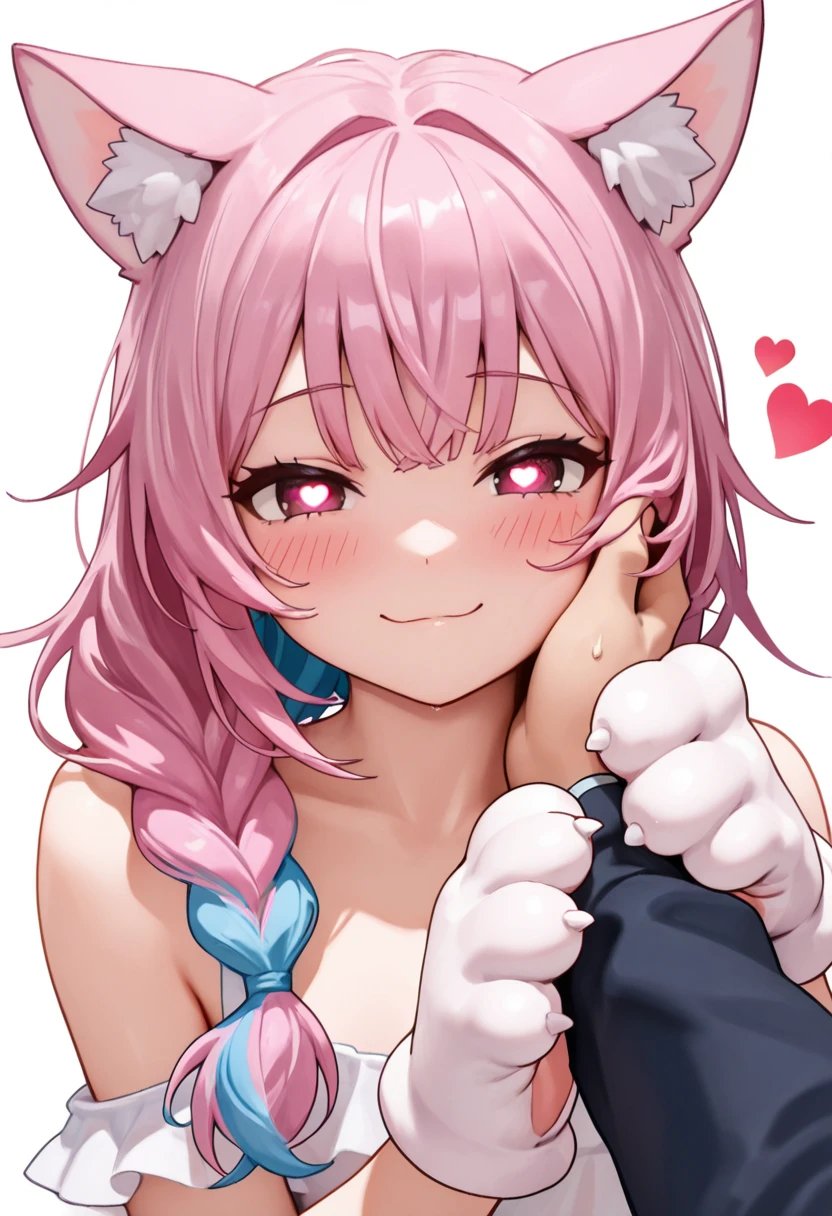  pov, long hair, hand on another's face, cat paws, hand on another's cheek, looking at viewer, single braid, solo focus, pink hair, white background, simple background, heart-shaped pupils, blush 1boy, upper body, closed mouth, bare shoulders, 1other, two-tone hair, alternate costume, smile
, masterpiece, best quality, good quality,
