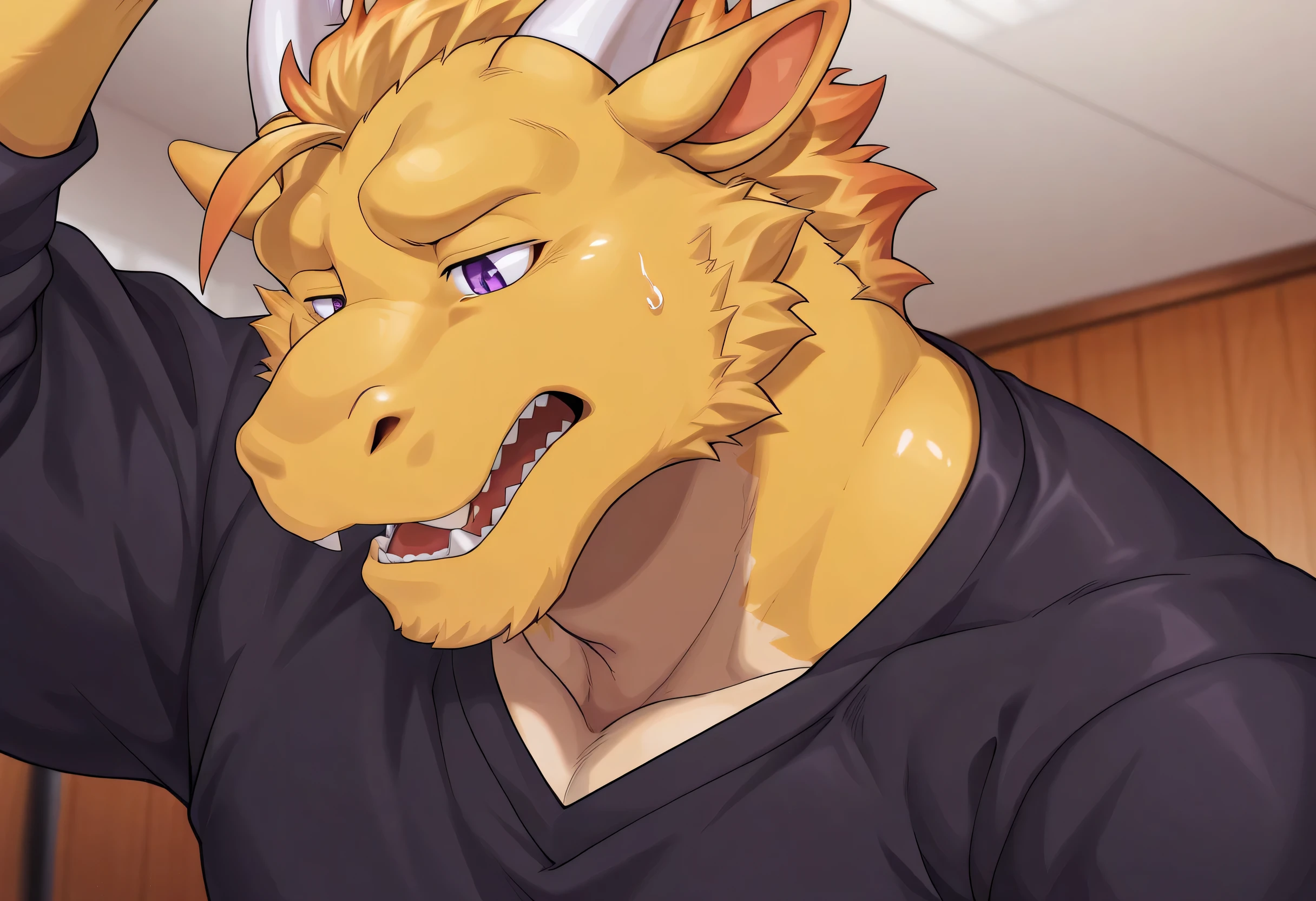 solo, 1boy, (golden fur), dragon, dragon face, (mature age:1.5), white horns, purple eyes, Charcoal black V-neck long-sleeve T-shirt, close-up, worried, wronged, open mouth, in Band Rehearsal Room, score_9, score_8_up, score_7_up, Side angle