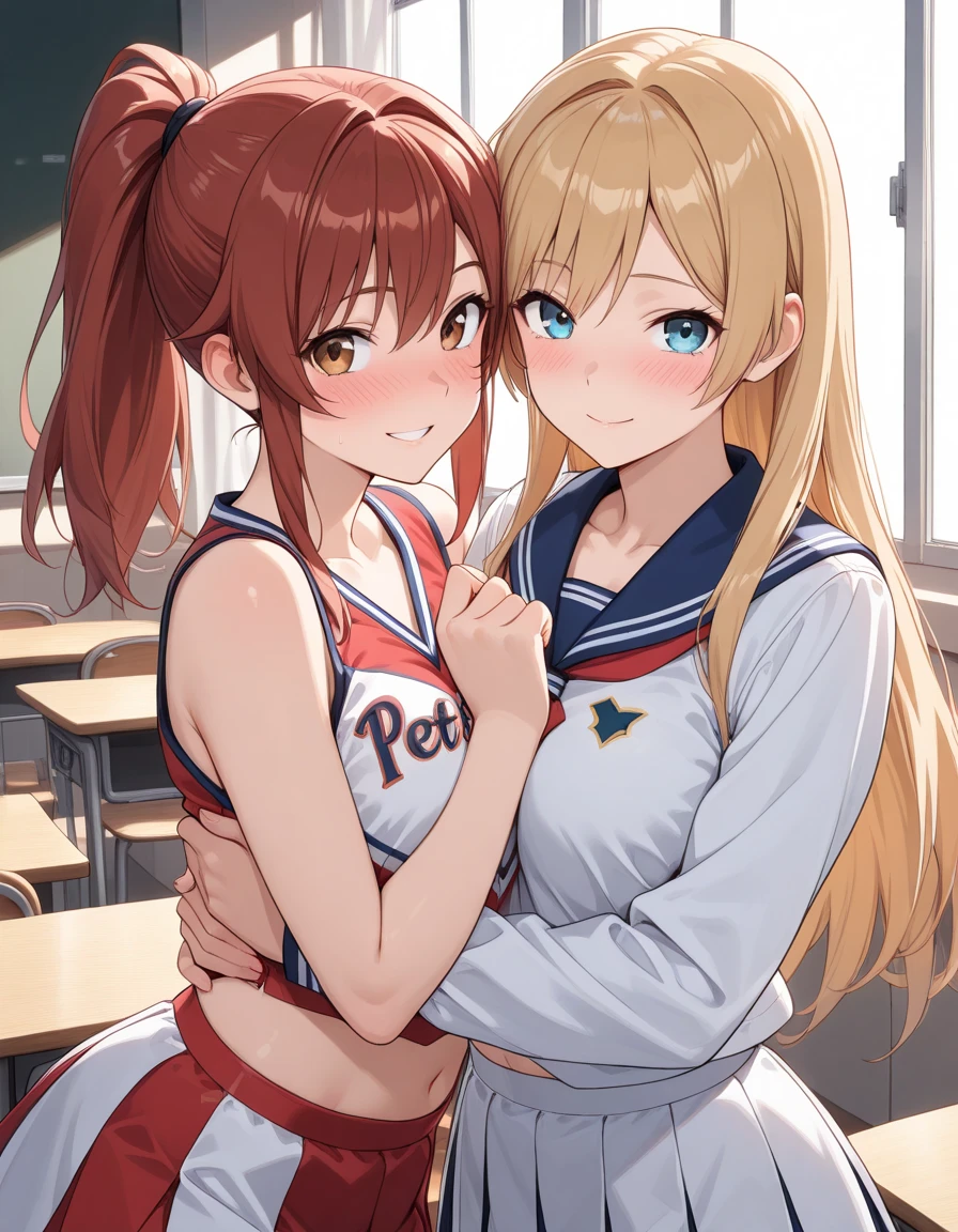 fujisaki shiori, yellow hairband, two girls kiss while sitting on barstool cushion, basketball uniform, short shorts,