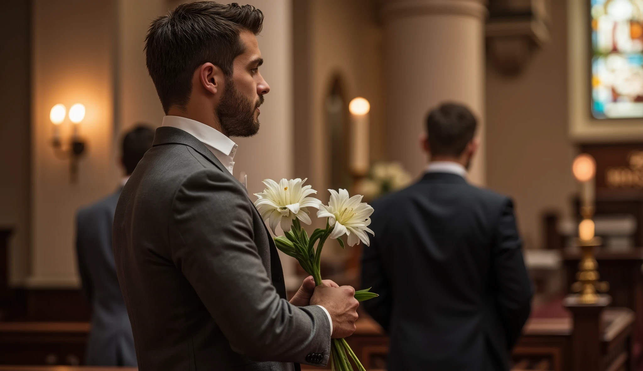 Holding a Single White Lily While Looking Toward the Altar:
A well-dressed, handsome man stands near the front of the church, holding a single white lily in his strong hands. His gaze is fixed on the altar, his expression solemn yet full of faith, as if offering the flower in memory of a loved one.