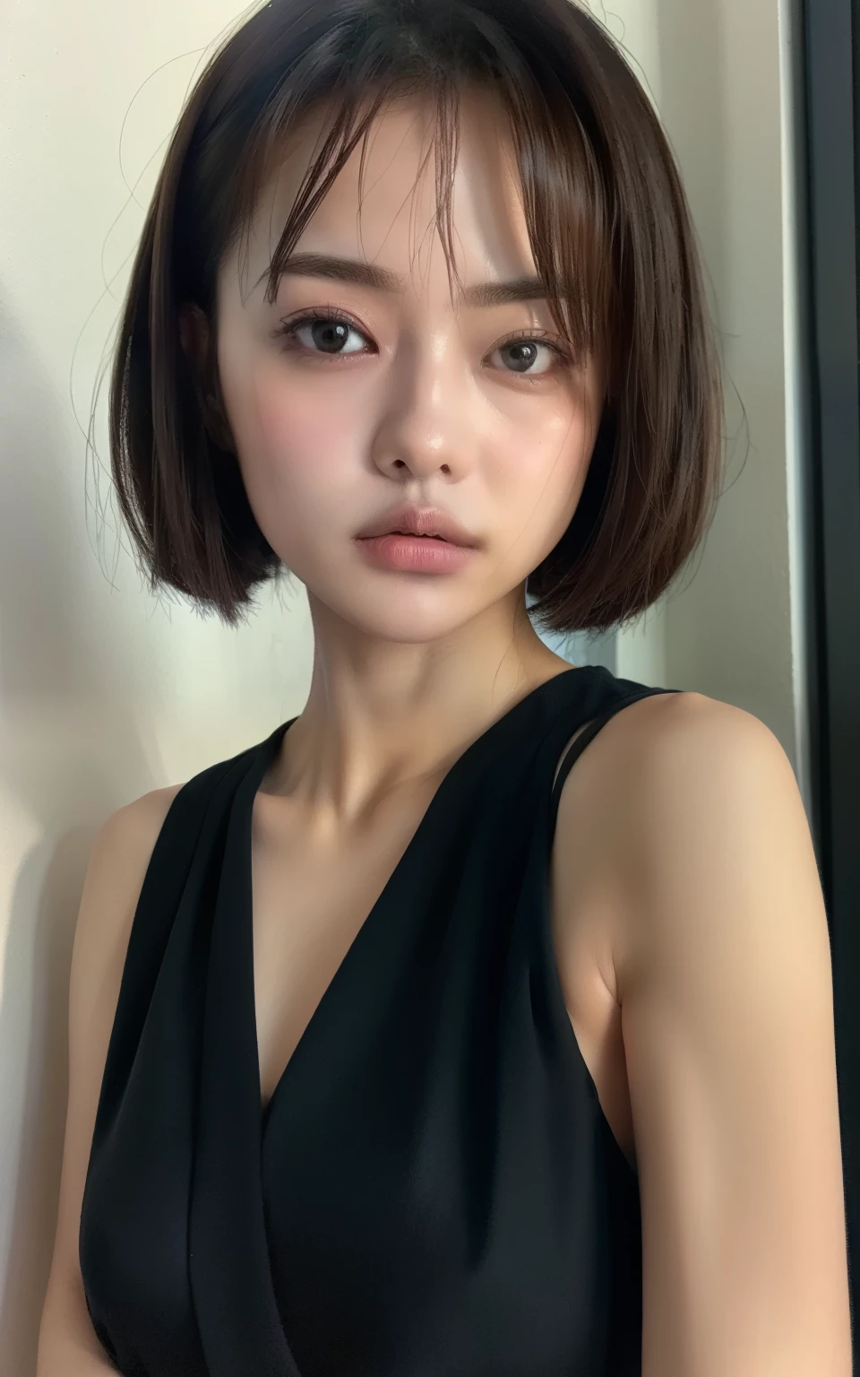 (highest quality,8K,masterpiece),
1 female,,night,Upper body,enlargement, 8 thousand, RAW photo,realistic, photo-realistic,parted bangs, very short hair,big breasts,