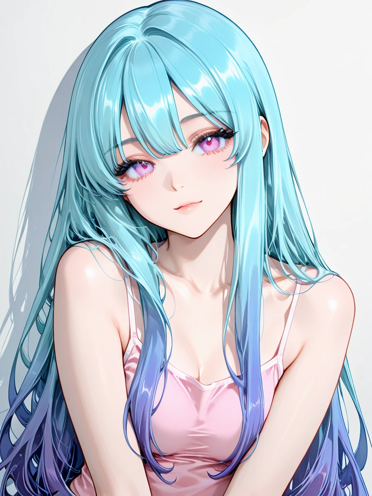 (masterpiece, best quality, ultra-detailed), memeMMM, purple eyes, blue hair, long hair, medium breasts, pink dress, cleavege, (portrait shot, upper body), looking at viewer