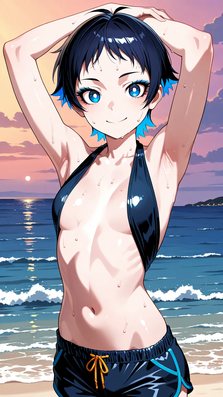 Highres, Masterpiece, Best quality at best,Best Quality,hight quality, hight detailed, Anime style, 1boy, boy, Shota, (s), blue hair, straight hair, Give me a proportional picture of a 12 year old boy, Give me a tantalizing image of a boy undressing, Bra, earring, Navel piercing, Seen from the front, Slim body, choker, Coolarbone, Upper body, bathroom, (Showing armpit), The armpits of a 12 year old boy, Adorable little armpits, Give me a proportional picture of a 12 year old boy's armpits, (very young boy), (Very small and short body), uhd, bokeh