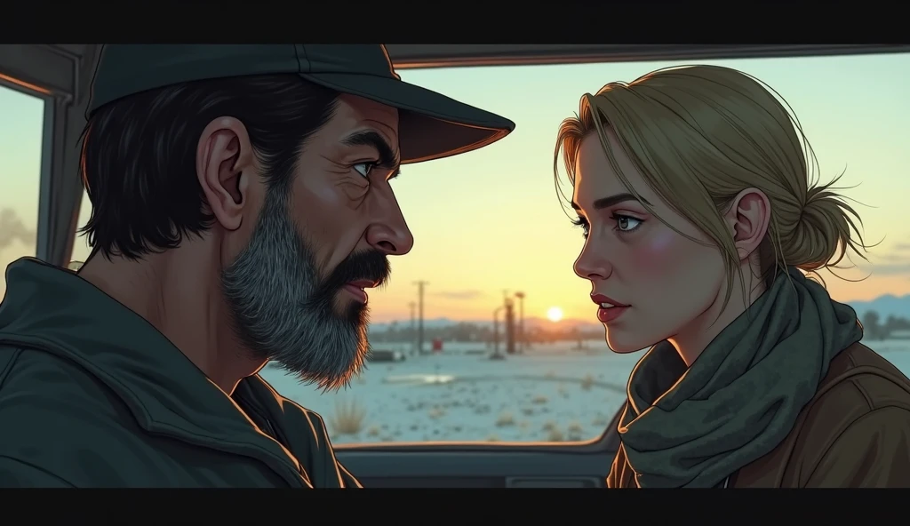 there is a man and woman sitting in a car together, beeple and jean giraud, by mads berg, ( ( mads berg ) ), by Marius Borgeaud, james gurney cinematic lighting, octane trending on cgsociety, beeple and tim hildebrandt, alena aenami and android jones, cyril rolando and m. w kaluta