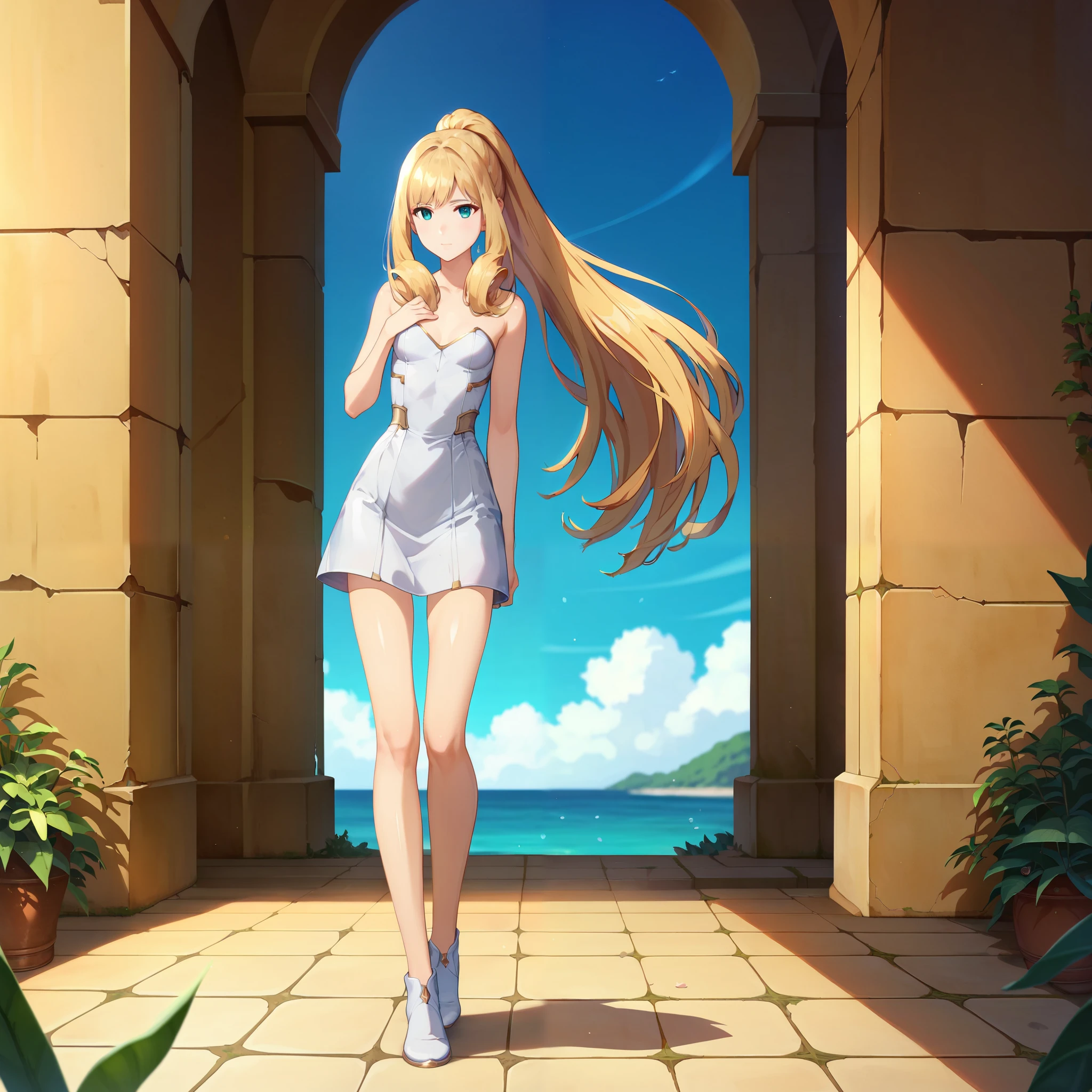 score_9, score_8_up, score_7_up, 1girl, solo, portrait, close-up, ,, melia antiqua,medium hair, teal eyes, ruins and water background ,blonde hair,golden hair,perfect hair,glossy hair,smooth hair,shiny hair,,detailed hair,cowboy shot,slim body,small breast,young face,delicated face,delicated body,full body,cowboy shot,perfect body,perfect legs,perfect waist,slim body,ponytail,shiny eyes,,delicated face,delicated body,young girl,