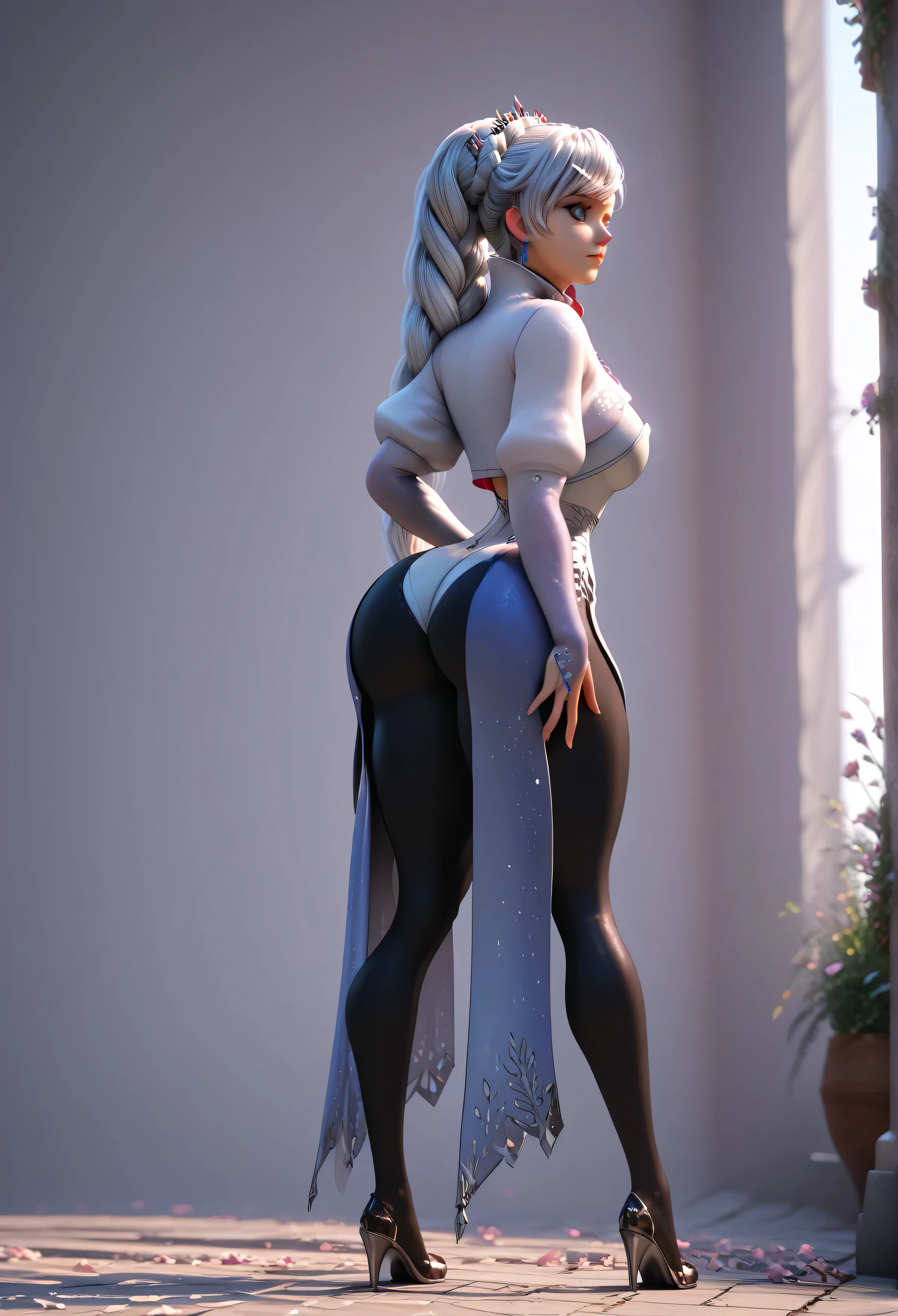 score_9, score_8_up, score_7_up, highres, BREAK, best quality, source_pony, highly detailed, (voluptuous girl), (ultra HD quality details), Very detailed, 1 girl, full body, (full outfit), (full clothed), nsfw, Big and sexy ass, Big ass, (full outfit covering the whole body), blurry background, standing, standing, standing girl, view from behind girl, back girl view, ass view, full body view, solo, solo girl, shiny outfit, 3D, EdenAiArt, Perfect body anatomy, perfect anatomy, weissvale, scar across eye, ponytail, hair ornament, tiara, white jacket, cropped jacket, high collar, long sleeves, short dress, white dress, earrings, necklace, weiss shnee, hands on hips