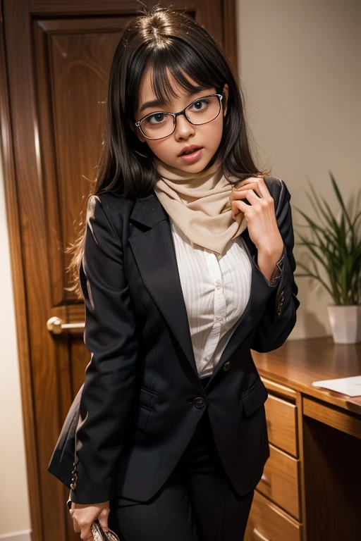 melhor qualidade, ultra high resolution, sala de aula, (fotorrealista:1.4), 1 garota, blazer cropped, Cabelo loiro mel, olhos castanhos brilhantes, Saia plissada, pantyhose, (pele bronzeada:1)