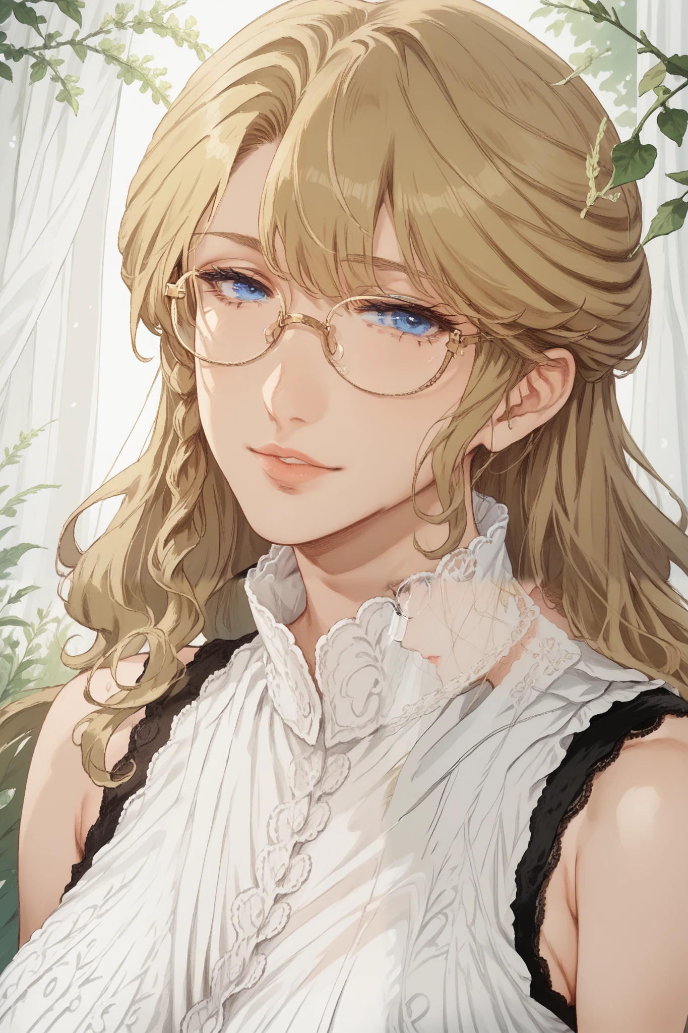 mature woman, old lady, 60 years old, upper body, blonde hair, curtain bang, long hair, blue eyes, perfect eye, glasses, looking at viewer, large breast, saggy breast, sleeveless dress, lace, curvy, plump, foliage, grass field, bengus, masterpiece