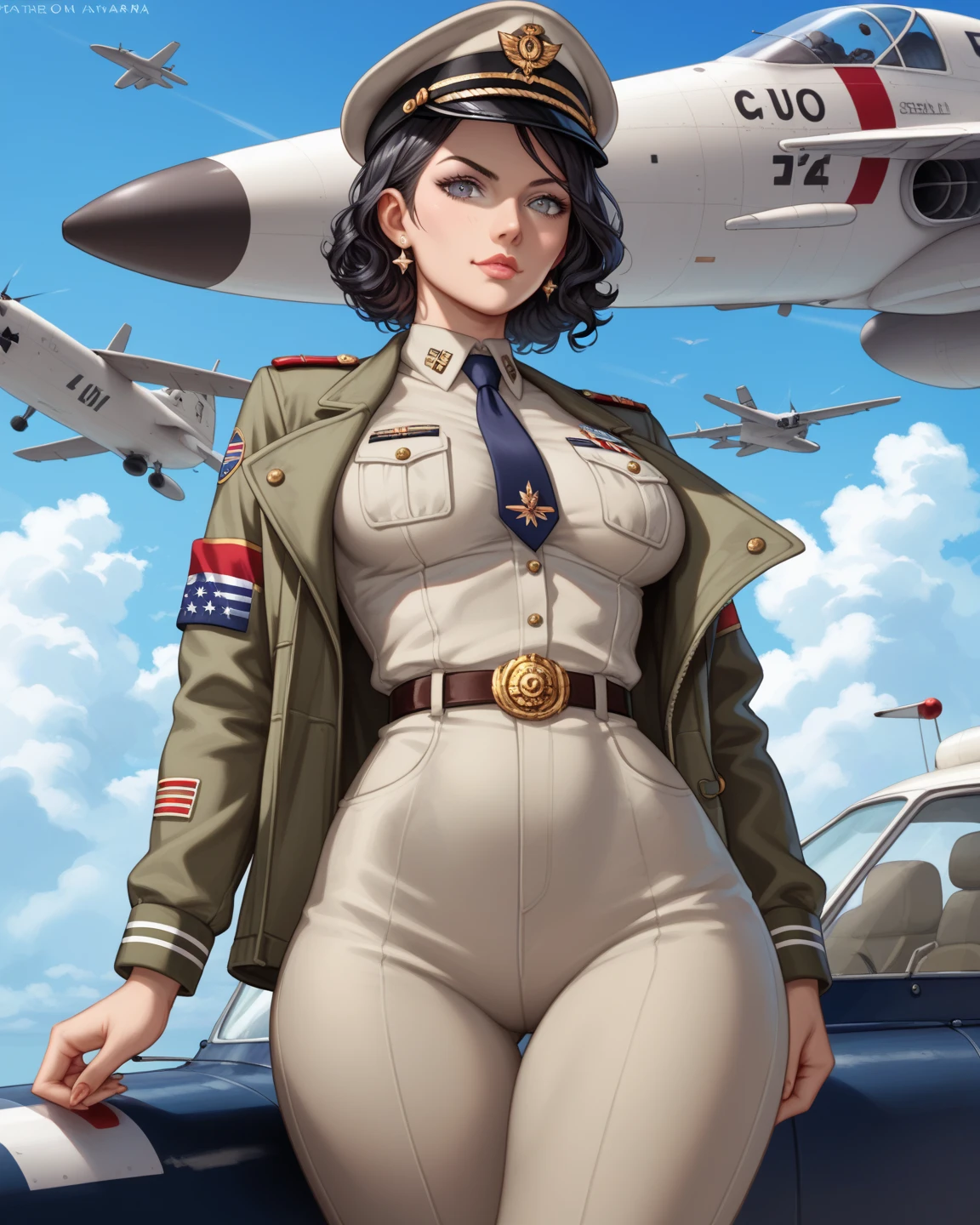 high quality. full hd (Beautiful woman with strong features) ( short wavy black hair ) ( beautiful gray eyes ) (fair skin) (medium breasts) (medium waist and wide hips) (Do you wear aviator military clothing) (She is a military aviator) (woman with strong features) (in the background of a military aircraft park) (Camara Frontal) (usa men's uniform jacket formal) (serious face) (men's uniform jacket) (Jacket)