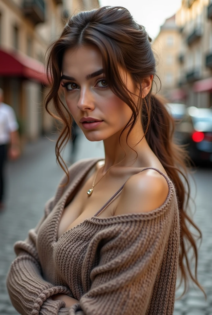 Photographie d’une femme magnifique, belle peau, cheveux bruns, forte poitrine, presque nue, avec deux tresses sur les côtés du visage, très réaliste, dans les rues de Paris