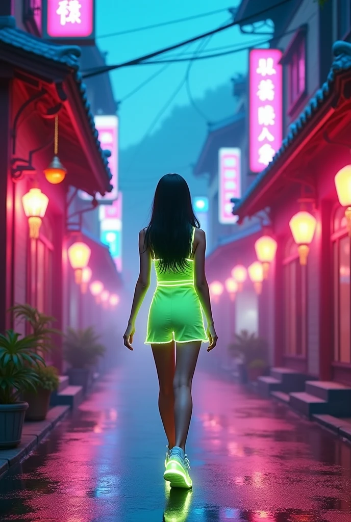 ariana grande, beautiful detailed eyes, beautiful detailed lips, extremely detailed eyes and face, long eyelashes, neon green rave outfit, Carrying green glow stick wands and wearing glowing jewelry, walking on street at night in bangkok leading people to a rave, crowded street, light rain, friendly and flirtatious expression, photorealistic, 8k, (best quality,4k,8k,highres,masterpiece:1.2),ultra-detailed,(realistic,photorealistic,photo-realistic:1.37),HDR,UHD,studio lighting,ultra-fine painting,sharp focus,physically-based rendering,extreme detail description,professional,vivid colors,bokeh (Attention: Show her from head to toe, full body shown, show all of her)