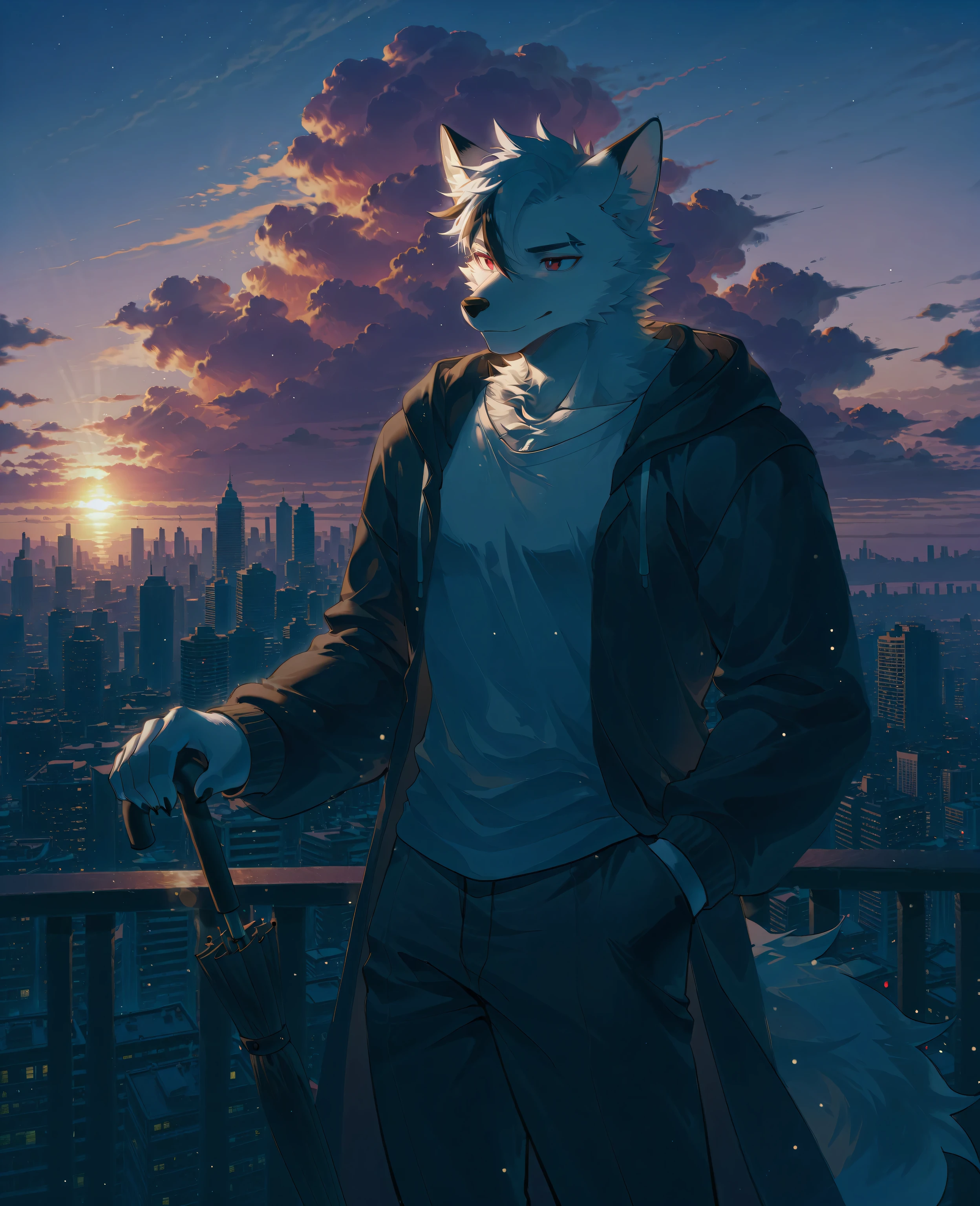 sfw,masterpiece,UHD,solo,highres,best quality,anatomically correct,furry male,(white fox),collarbone,(white fur:1.5,white hair),black_streaked_hair,short hair,black eyebrow,snout,(detailed eyes,red eyes,detailed pupils,beautiful eyes),snout,animal ears,fox ears,absurdres,shapely,handsome,fox tail,cowboy_shot,(slender muscle:0.8,skinny),(causal wear,black hoodie,open coat,white T-shirt,black pants),(5 fingers:1.1),(peaceful face,light smile),standing on roof,holding a umbrella,folded umbrella,(buildings,city,skyline,sunny rain),ray tracing,looking_back,from_side:1.3,(bright light:1.2),bokeh,detailed background,Tyndall effect,sunset glow,cumulonimbus (cloud),break,(wolftapioca:0.3,chung0u0,uiokv:0.5,(lindong:0.8),(by null-ghost:0.8),huashijw,(asteroid_ill:0.8),(smile \(qd4nsvik\):0.9)),cg,highres,sfw