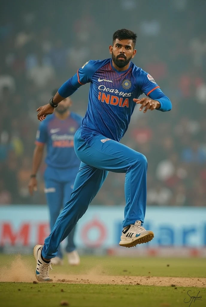 Give me a blue jersey with INDIA written on the back. Cricket player Virat Kohli bowling in white sneakers.,Show back,顶光drop shadow, anaglyph, stereogram, tachi-e, ass pov, atmospheric perspective, 8k, super detail, best quality