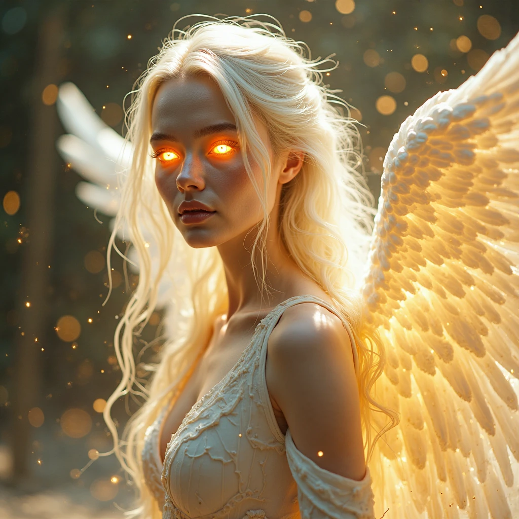 Dwarf angel with multiple brown wings, human-like body, human head and hair, white skin, super large eye on the torso