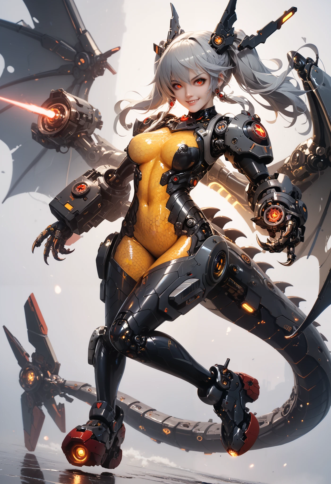 Mechanical Weapon Girl. (Close-up)Full body bodysuit. Latex. Cyber style. Honeycomb pattern bodysuit. Light armor. Look of contempt. Evil smile. Grey hair. Breasts perky. Glowing red eyes. Glowing core. A mechanical monster in the background. Large mechanized hands. Sharp claws. Mechanical dragon tail. Weapons on the back. Battleship elements.
