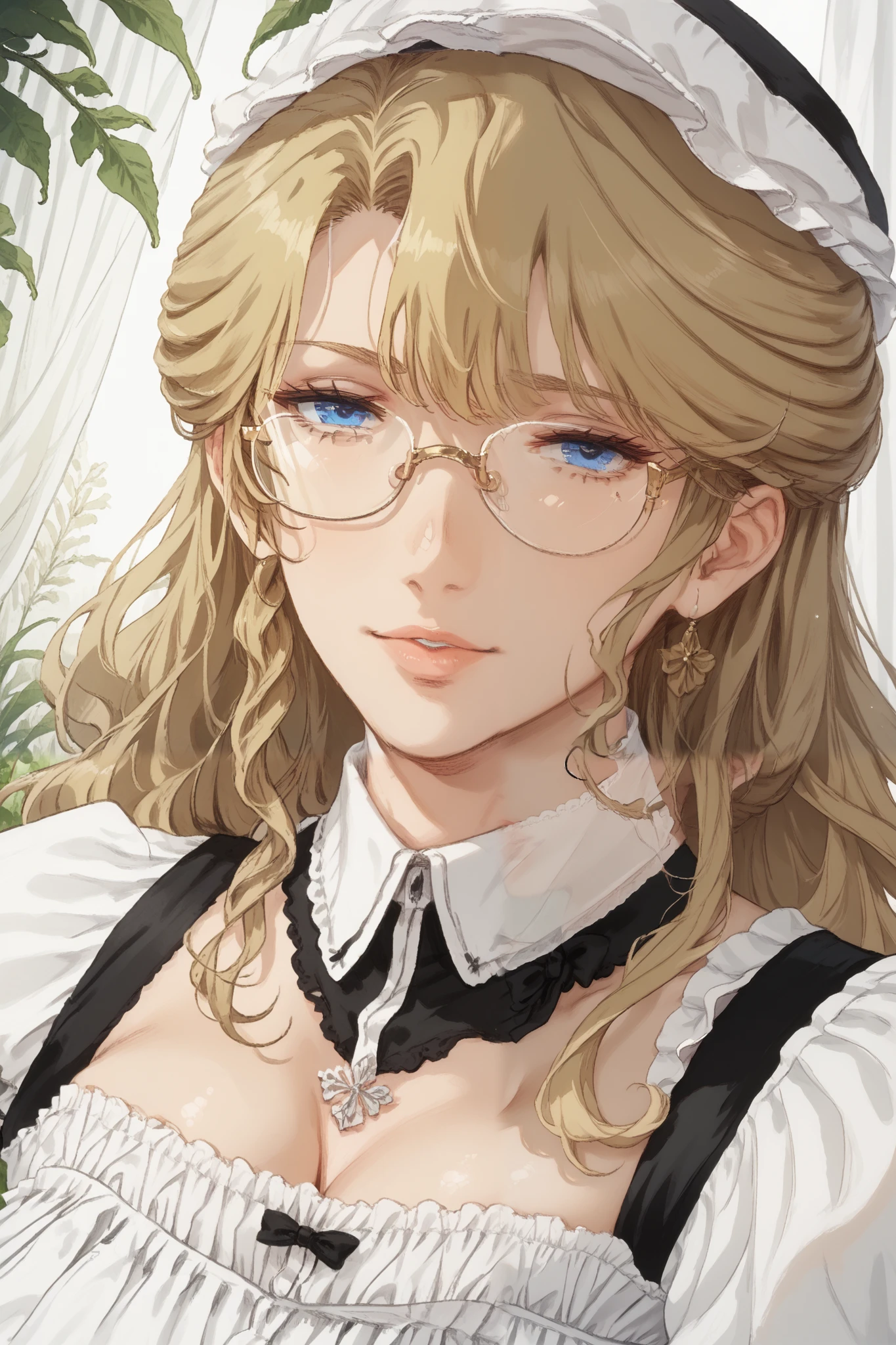 mature woman, old lady, 60 years old, upper body, blonde hair, curtain bang, long hair, blue eyes, perfect eye, glasses, looking at viewer, large breast, saggy breast, maid, victorian maid, long skirt, curvy, plump, foliage, grass field, bengus, masterpiece