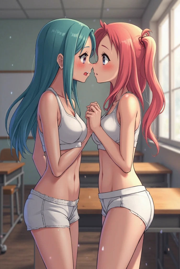 3 girls, many peoples, Schoolgirls, cheersleader, naked, blue pink hair, pink eyes, bikini, plaid, mini skirt, kiss, touching pussy, cum shot, cum, whitecream, on her knees,