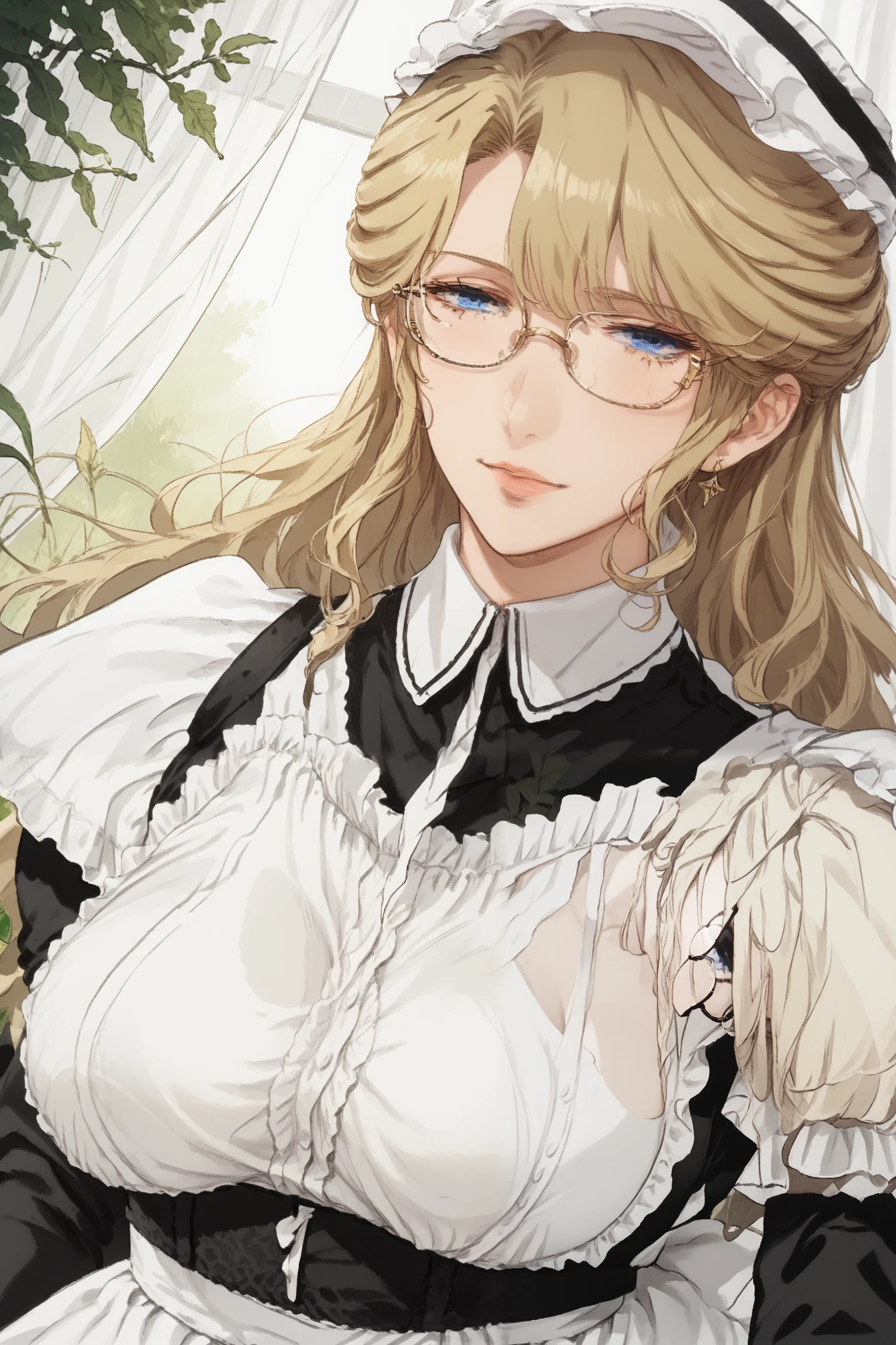mature woman, old lady, 60 years old, upper body, blonde hair, curtain bang, long hair, blue eyes, perfect eye, glasses, looking at viewer, large breast, saggy breast, maid, victorian maid, long skirt, curvy, plump, foliage, grass field, bengus, masterpiece