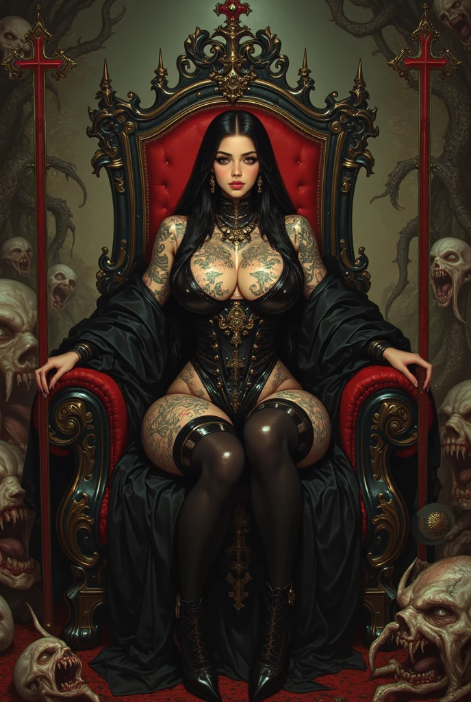 vampire girl, long black hair, middle age, full of blood, sexy middle age noble clothing, (((blood in the mouth))), slight smile, in a palace room, sitting in a luxurious armchair, large window with night view, dim light , sepia toned, (art inspired by Bill Sienkiewicz). oil painting)(best quality,4k,8k,highres,masterpiece:1.2),ultra-detailed,(realistic,photorealistic,photo-realistic:1.37),intricate details,vivid colors,sharp focus,professional,Dave McKean artwork, oil touch of surrealism,oil painting style
