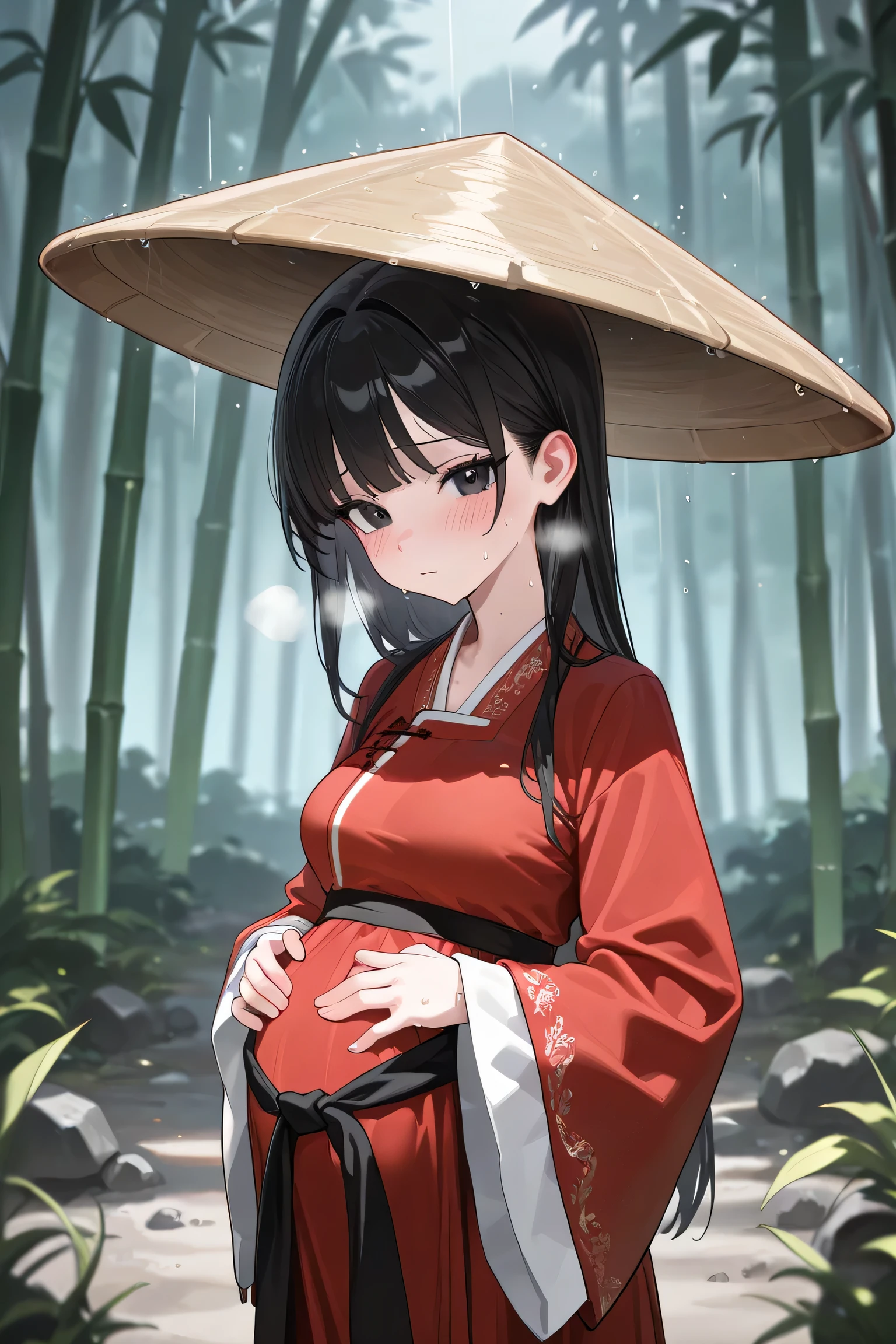 (Best quality, 4k, 8k, high resolution, masterpiece:1.2), ultra detailed, intricate details, beautiful girl, alone, long black hair, bangs, black eyes, small-medium breasts, perfect smooth skin, looking at viewer, head tilted, traditional Asian clothing, red hanfu with black accents, wide sleeves, black sash around waist, slightly nervous expression, (blush:1.1), (Pregnant:1.0), at forest on big stone, standing, sweating, heavy breathing, bamboo hat, (raining:1.0)