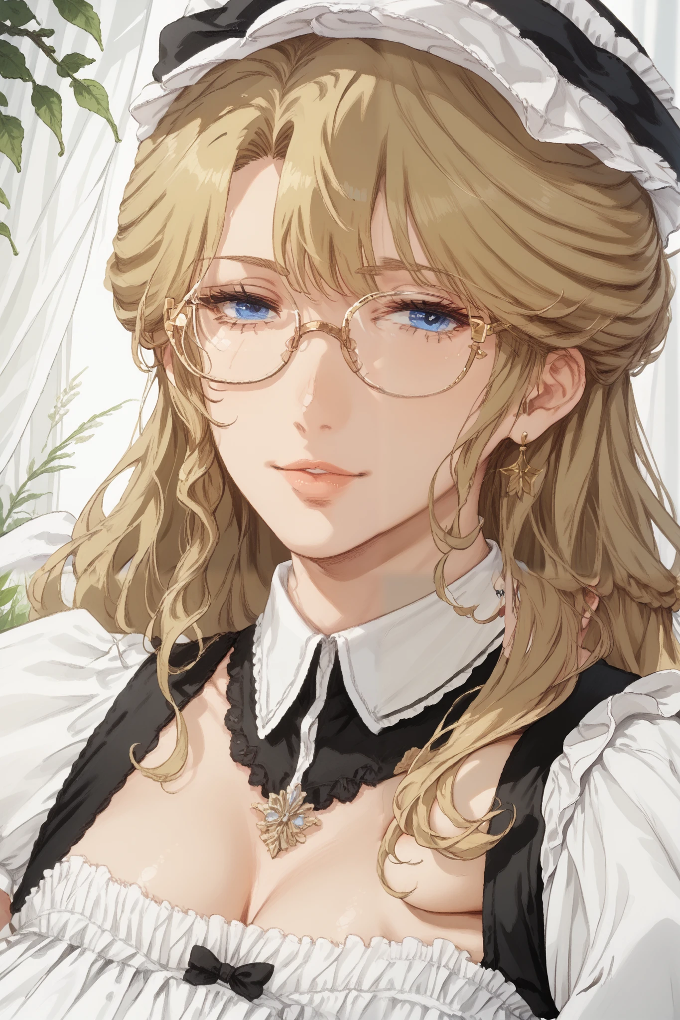 mature woman, old lady, mother, 60 years old, upper body, blonde hair, curtain bang, long hair, blue eyes, perfect eye, glasses, looking at viewer, large breast, saggy breast, maid, victorian maid, long skirt, curvy, plump, foliage, grass field, bengus, masterpiece
