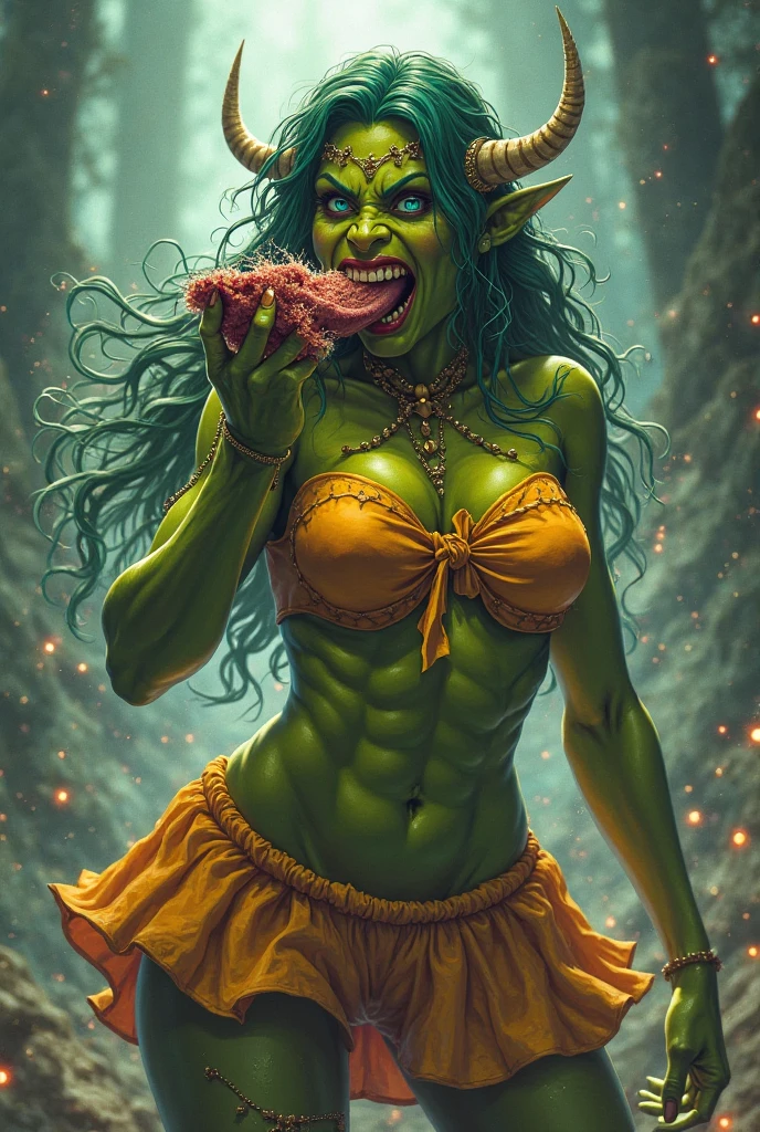 Young orc woman, (female orc), chubby, voluptuous , (green skin) , skin imperfections, topless, dirty hair, complete body picture, (big breasts), on all fours , ultra-detailed, highest possible resolution, strong pose, sexy, ultra-detailed background, natural colors, cum facial, multiple men cumming on her, cuminmouth, mouth full of cum, cum on face, cum on breasts, masterpiece, crazy quality, ((bukkake)), shewoworc
