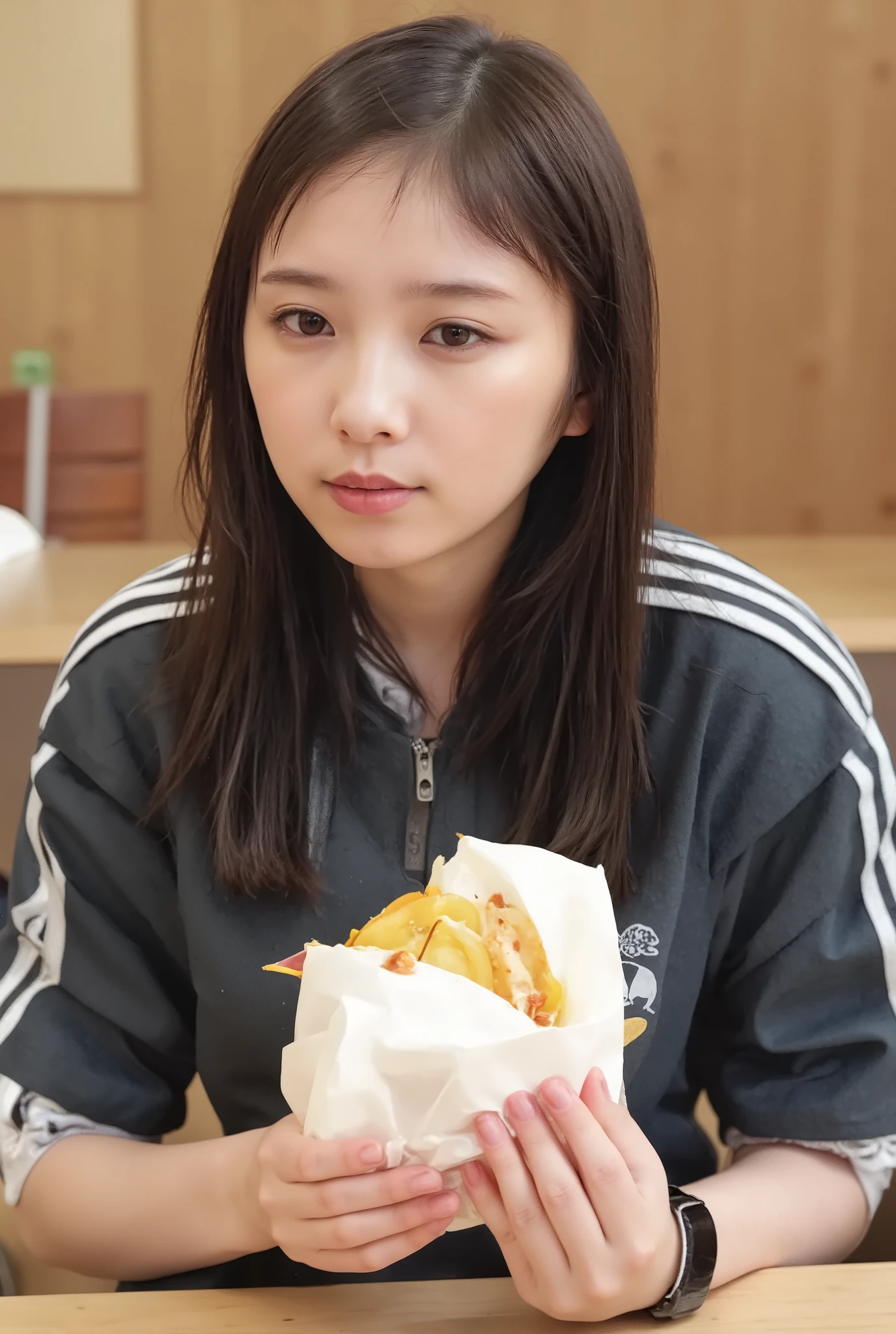 A young woman with long dark hair styled in two braids, wearing a black sports jacket with white stripes on the sleeves, holding a hamburger wrapped in white paper with a yellow logo. She is sitting in a casual indoor setting with a blurred background, possibly a café or fast-food restaurant, with wooden furniture.