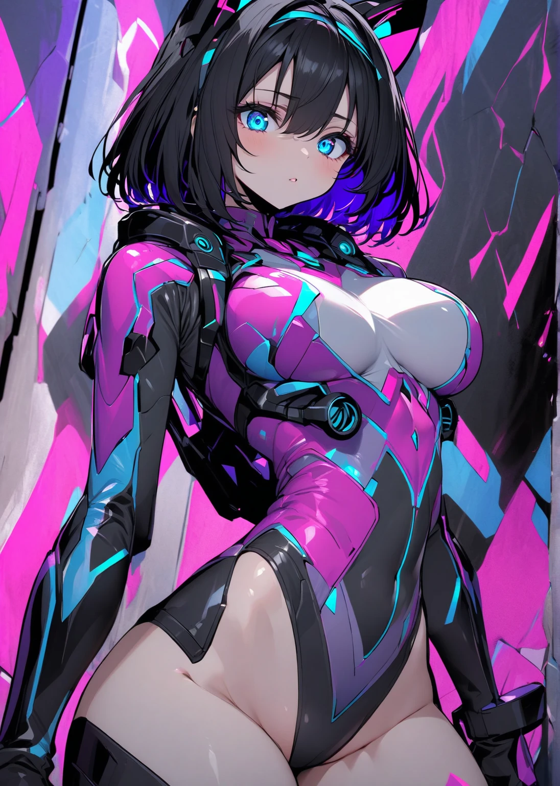 ((1 girl)), Dark circles in the eyes, Untidy face, Cybertechware, Big Firearms, Additional parts for large mechas, Cowboy Shot,((Very detailed,highest quality, High resolution, fell, Sloppy, Lazy and slothful,Apathy, 8k wallpaper, Beautiful clothes,)),((Black Hair, Shortcuts,Messy Hair)), eye shadow, eyeliner,Glow Eye, Very detailedな目, Beautiful Eyes, ((Glowing pink eyes)), 18-year-old girl