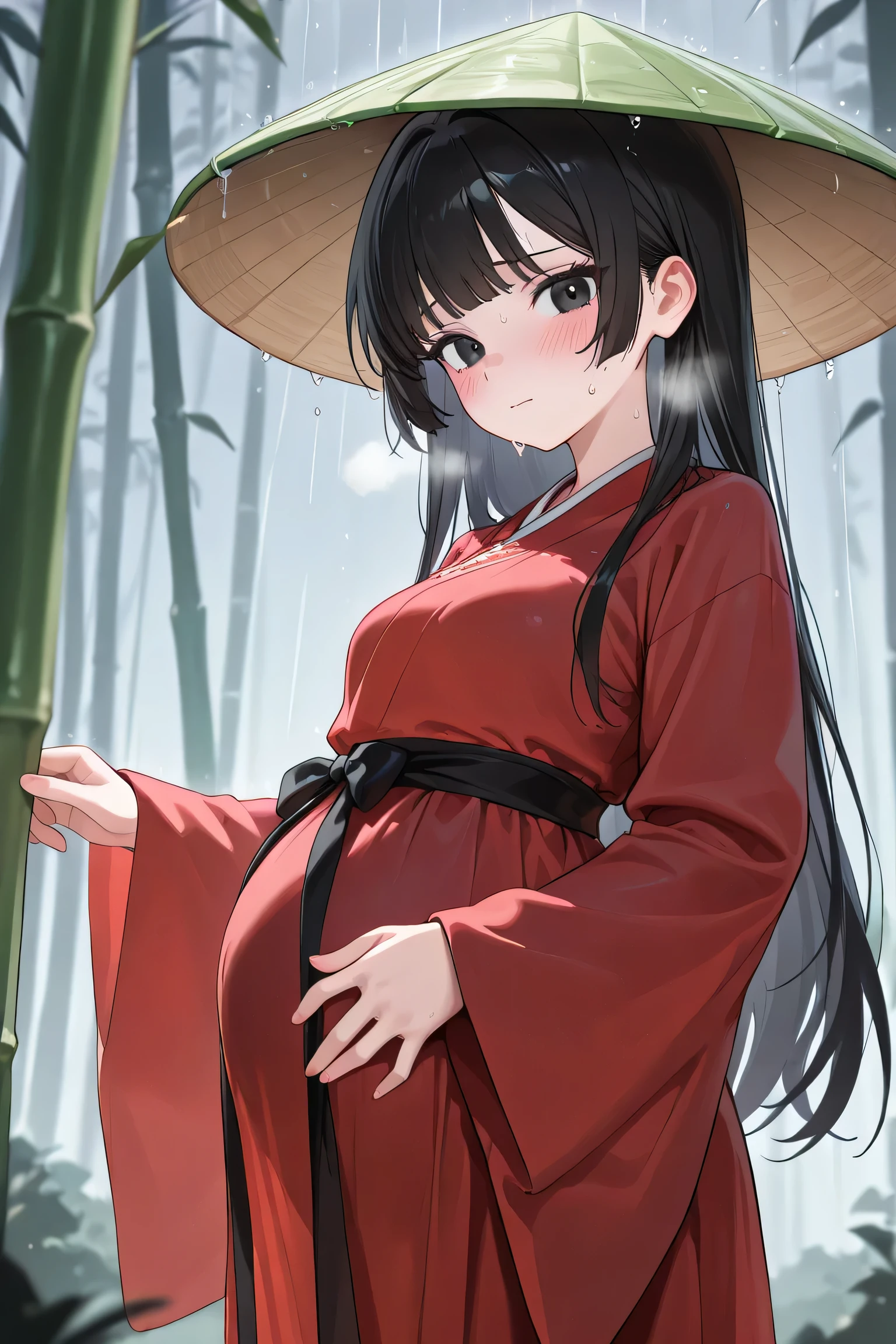 (Best quality, 4k, 8k, high resolution, masterpiece:1.2), ultra detailed, intricate details, beautiful girl, alone, long black hair, bangs, black eyes, small-medium breasts, perfect smooth skin, looking at viewer, head tilted, traditional Asian clothing, red hanfu with black accents, wide sleeves, black sash around waist, slightly nervous expression, (blush:1.1), (Pregnant:1.0), at forest on big stone, standing, sweating, heavy breathing, bamboo hat, (raining:1.0), hat Hover hair