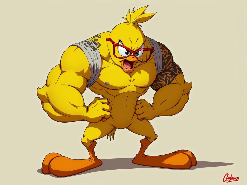 laugh an anime-style image of a parakeet with the body of a human bodybuilder. The parakeet should have a stylized head with typical anime features., including large, bright eyes and a small, expressive beak. The human body must be muscular and well defined, with a featured bodybuilding pose, like a quadriceps pose or a shoulder and chest pose. The combination between the parakeet's head and the human body must be done in a creative and fluid way., ensuring that the figure is cohesive and attractive. Choose a simple, minimalist background so that attention is focused on the main figure..