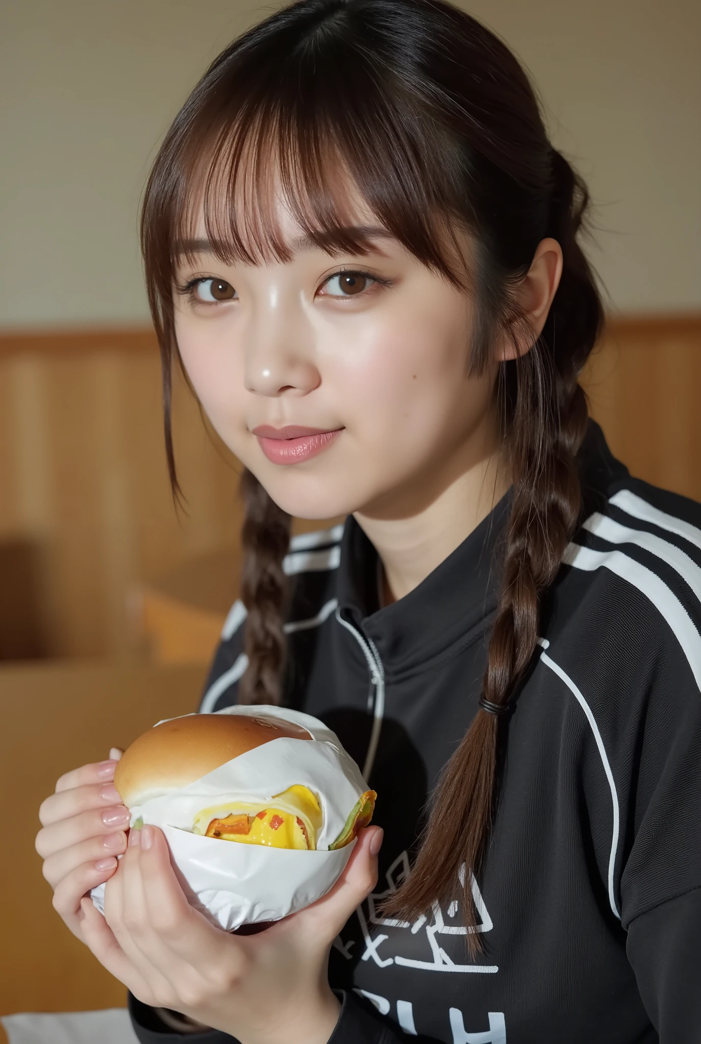 A young woman with long dark hair styled in two braids, wearing a black sports jacket with white stripes on the sleeves, holding a hamburger wrapped in white paper with a yellow logo. She is sitting in a casual indoor setting with a blurred background, possibly a café or fast-food restaurant, with wooden furniture.