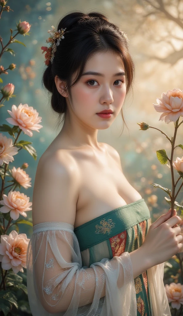 a cute woman, ornate asian dress, split up the thighs, powder white body make up, asian style face makeup, aloof, checking her flower garden, detailed eyes, detailed lips, extremely detailed face, long eyelashes, 1girl, digital illustration, oil painting, 8k, high quality, hyper detailed, photorealistic, studio lighting, physically based rendering, vivid colors, vibrant colors, elegant, refined, graceful, serene, tranquil, peaceful, portrait, asian inspired