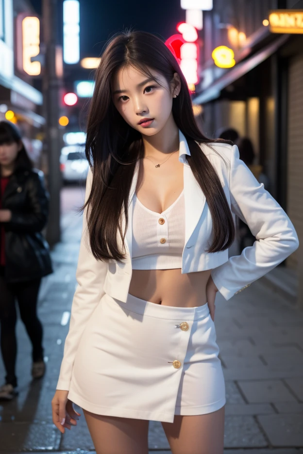 best smile, 1 girl, (viewer), (bokeh: 1.1), parted lips, smile emoticon, realistic, arm down, tights, skirt, skyline, realism, ((best quality, 8K, masterpiece: 1.3)), focus: 1.2, perfect body beauty: 1.4, slightly fat, buttocks: 1.2, (layered hairstyle: 1.2)), ( dark streets: 1.3), highly detailed face and skin texture, full body, delicate eyes, double eyelids, whitening skin, long hair, (round face: 1.5), (loose crop top white shirt, small tie, short skirt: 1.6)