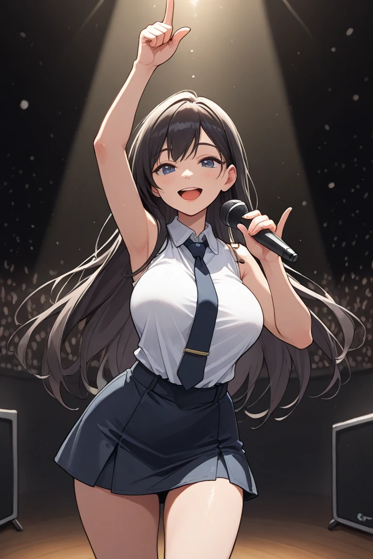 masterpiece, best quality, kumashiro maya, 1girl, solo, (skirt lift:1.2), breasts, cleavage, long hair, white headband, parted bangs, blue eyes, looking at viewer, sweat, large breasts, flashy gyaru, happy, showy,too many accessories, colorful , kogal, kogal gyaru,  idol, (school festival frilled costume:1.3), (mini skirt:1.3), (tartan skirt), zettai ryouiki, bow tie, (button gap:1.1), sleeveless, cuffs, tights, on stage, spotlight, holding microphone
