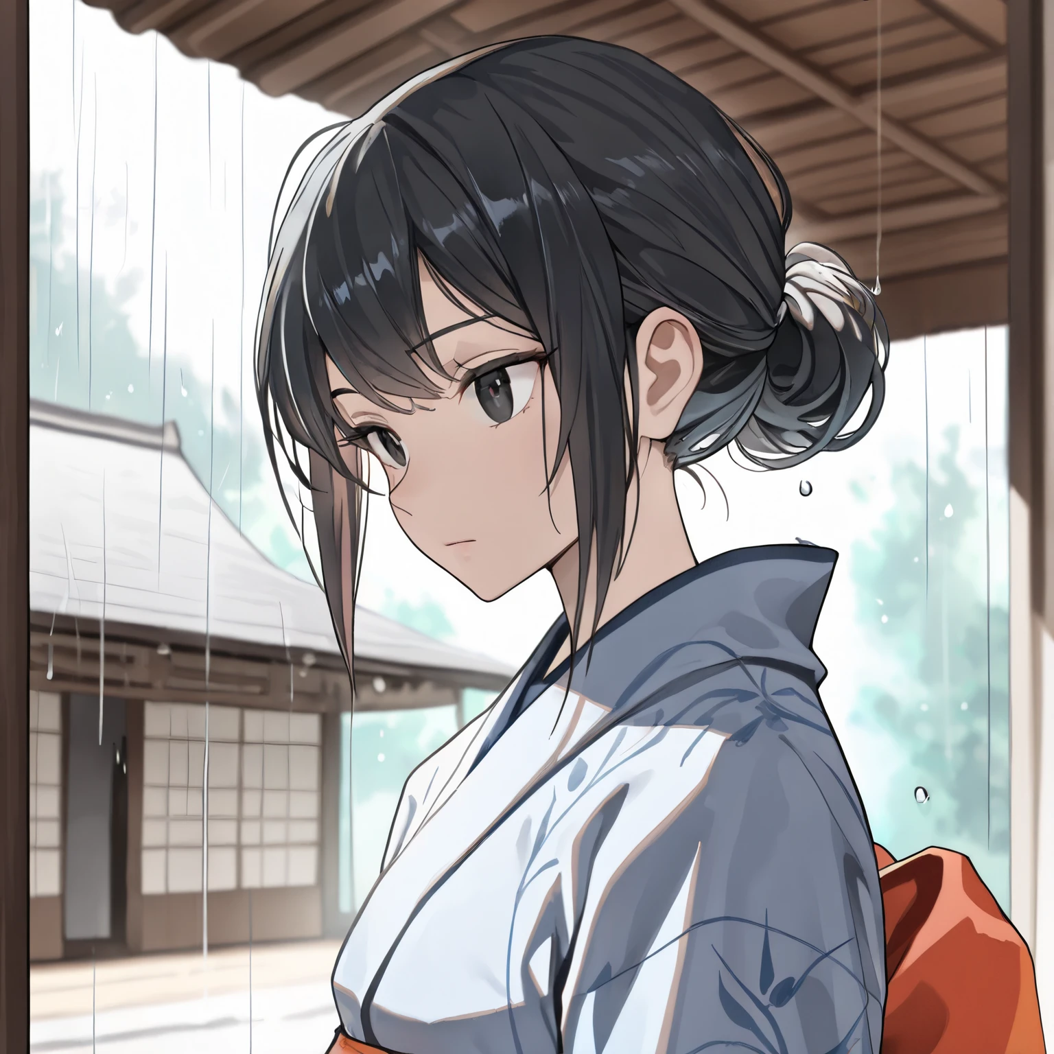 (best quality,8k,highres, masterpiece:1.2), (anime style),ultra-detailed, HDR, UHD, studio lighting, ultra-fine painting, sharp focus, physically-based rendering, extreme detail description, professional, vivid colors, bokeh, portraits, concept artists, warm color palette, dramatic lighting,Heavy rain, rain, raindrops falling drip by drip from the eaves, a woman in a light blue kimono taking shelter from the rain under the eaves of a traditional Japanese house, with black hair and black eyes, expressionless, staring at the raindrops, a sense of emptiness, passersby as silhouettes, side view, traditional Japanese background.