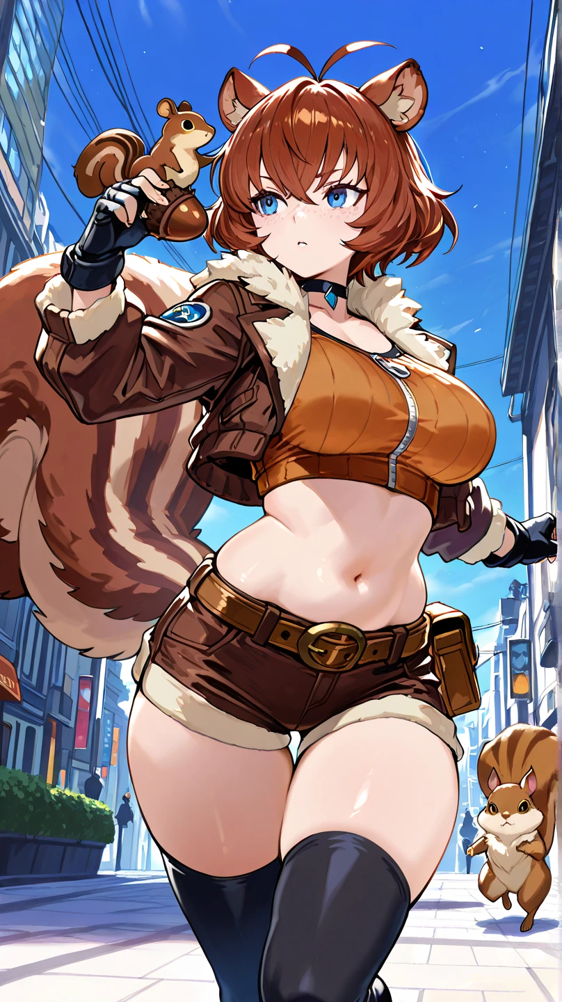 best quality,4k,8k,highres,masterpiece:1.2),ultra-detailed, extremely detailed eyes, extremely detailed body, (large masterpiece digital art), (detailed manga illustration), (detailed line art), ((perfect anatomy)), (intricate details:1.3), (ultra-detailed:1.3), (illustration:1.3), (sharp focus:1.3), (natural lighting:1.05), (vivid colors:1.3), (masterpiece), best quality, expressive eyes, perfect face, 1girl, acorn, animal ears, belt, black thighhighs, blue eyes, breasts, ((red-brown hair)), brown footwear, brown jacket, brown shirt, brown shorts, choker, crop top, cropped jacket, (freckles), fingerless gloves, (fur collar), gloves, jacket, ((large breasts)), ((plump)), short hair, short shorts, shorts, squirrel, squirrel ears, ((squirrel tail)), thick thighs, thigh gap, thighs, thighhighs, wide hips, heroic atmosphere, Beautiful woman, Atey Ghailan, Jeremy Mann, Greg Manchess, Antonio Moro, trend in ArtStation, trend in CGSociety, Intricate, High Detail, Sharp focus, dramatic and photorealistic painting art by Midjourney and Greg Rutkowski, (((dynamic action pose))), (New York city in background), short antenna hair, from lower back squirrel tail, orange crop top with black undertone, revealing clothes,