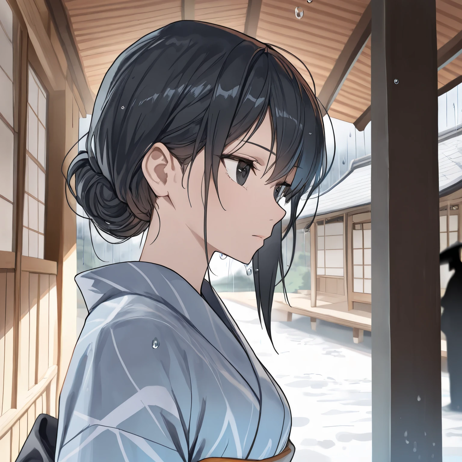 (best quality,8k,highres, masterpiece:1.2), (anime style),ultra-detailed, HDR, UHD, studio lighting, ultra-fine painting, sharp focus, physically-based rendering, extreme detail description, professional, vivid colors, bokeh, portraits, concept artists, warm color palette, dramatic lighting,Heavy rain, rain, raindrops falling drip by drip from the eaves, a woman in a light blue kimono taking shelter from the rain under the eaves of a traditional Japanese house, with black hair and black eyes, expressionless, staring at the raindrops, void, a passerby with an umbrella is a silhouette, side view.