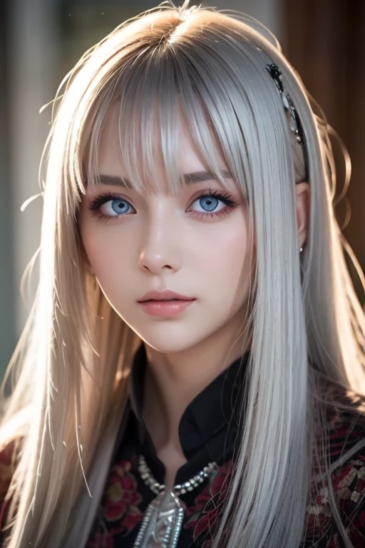 Anime Style、White skin、White Hair、Blue streaks on the ends of hair、look up、Blue streaks on the ends of hair、Blue streaks on the ends of hair、big、Eye-catching details、dark、feminine、High Frequency((( Sharpness ))) ))、( (Sharp Focus: 1.2) Face_v1: 0.7) hand、Best Design High Resolution Wallpaper、Original High Resolution、Bare legs、Showing chest、(Work - Masterpiece - Masterpiece: 1、2) 。 detailed: Close-up of dress on mannequin with jacket、Brown set、Brown jacket、Jacketed cropped shirt、長袖付きBrown jacket、classic atmosphere、Short skirt and long jacket、gray、layer、🍂cute、Short jacket、Brown tones、New brown print outfit、touch、detailedな、Earth Colors、Adult women、night、inside the apartment、Wearing makeup and lipstick、Red eyes、Red iris、Red eyes、Red iris、Stripper's face