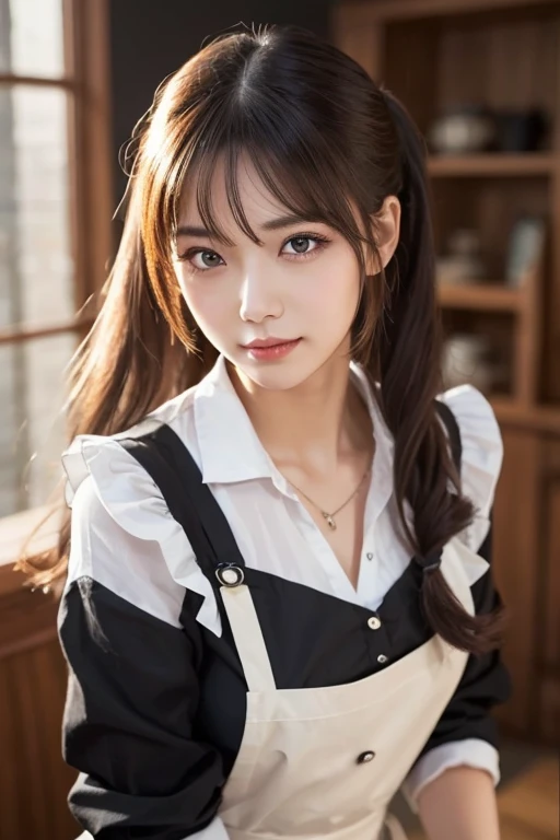 highest quality, masterpiece, ultra high resolution, (realistic:1.4), (portrait facing each other) RAW photo, 1 girl, 18-year-old,((Black frilly shirt and miniskirt uniform)),((ponytail and hair tie)),((look up at the audience)),realistic,((Simple solid color background)), picture media chest)),((toothy smile)),