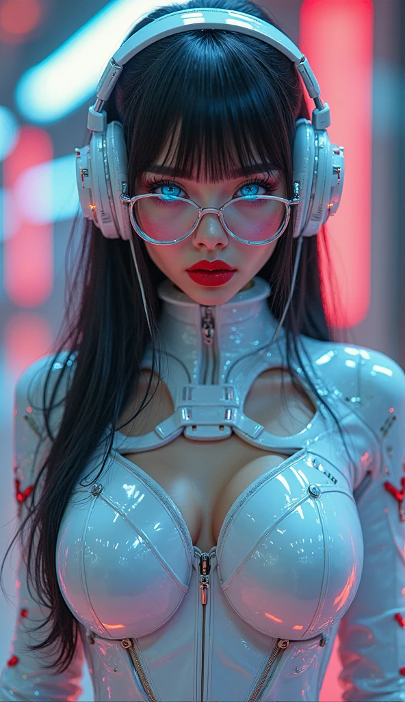 The enchanting woman raised her hand happily,Beautiful Women with Perfect Figure,Beautiful white skin,Beautiful eyes,Glossy lips,Lovely smile,White hair,Wear a bikini futuristic Lolita costume in white and black design,Headphones with functionality,Sitting inside the spaceship