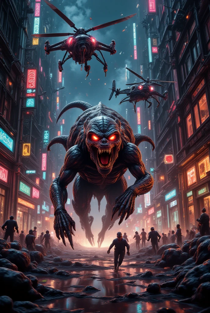 Chupacabra running after a crowd, Neon street lights, Drones shooting, helicopters , shots, 