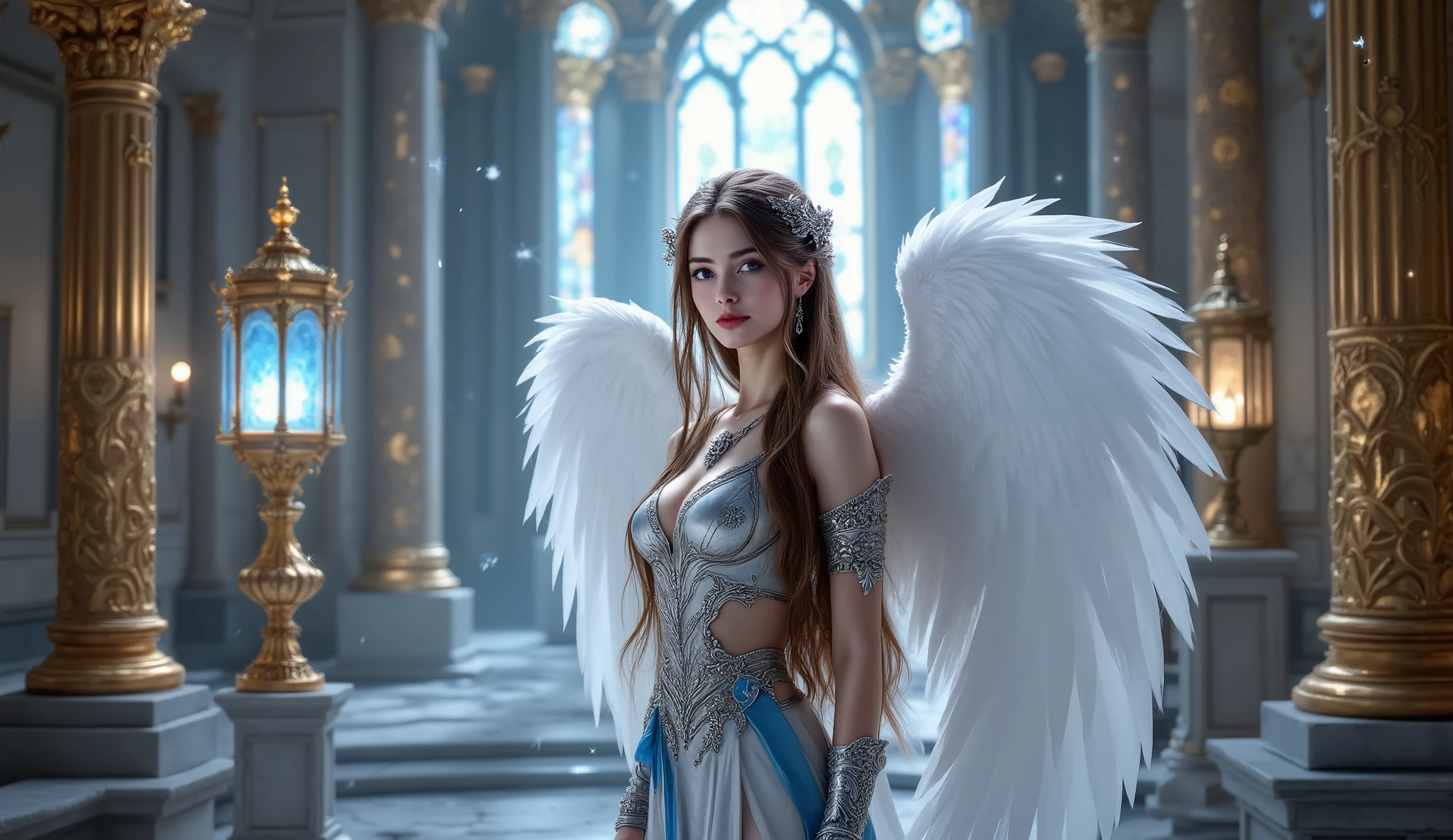 Lyra, a 20-year-old warrior angel with flawless European features, stands gracefully behind a towering golden pillar. Her gaze is sharp and determined, while her long, flowing brown hair cascades gently over her shoulders. Her silver armor gleams, sculpted with a sensual yet regal design—adorned with delicate celestial engravings, its elegant contours accentuating her alluring presence. A silk sapphire sash wraps around her waist, fluttering softly in the heavenly breeze.
Around her, other angels stand tense, their faces illuminated by the cool glow of a flickering blue lantern, casting dramatic shadows on the marble walls etched with ancient celestial symbols. Their voices are hushed yet filled with resolve as they discuss their rebellion against the corrupt heavenly order.
The grand celestial hall they stand in is bathed in prismatic light streaming through towering stained-glass windows, reflecting divine colors onto the golden pillars and sapphire-veined marble floors. Glowing motes drift gently through the air, adding to the magical and electrifying atmosphere. The camera captures every exquisite detail—the sensual gleam of Lyra’s armor, the play of light across her curves, and the passion and defiance in her gaze—all in breathtaking 4K clarity, as if time itself had frozen in eternity.