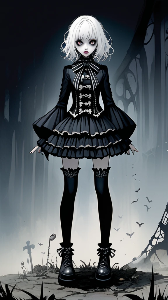 Tim Burton style、white hair, Gothic ta, full body, standing, knee-high, short dress,