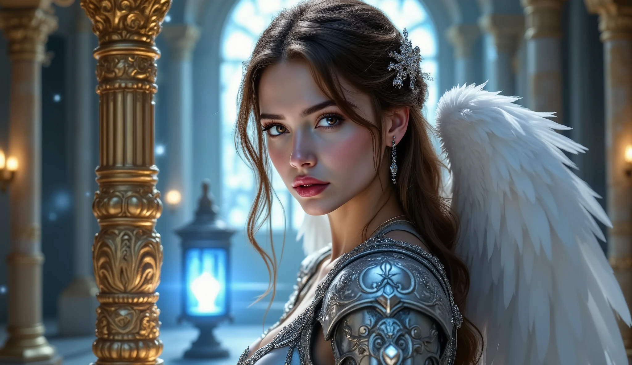 Lyra, a 20-year-old warrior angel with flawless European features, stands gracefully behind a towering golden pillar. Her gaze is sharp and determined, while her long, flowing brown hair cascades gently over her shoulders. Her silver armor gleams, sculpted with a sensual yet regal design—adorned with delicate celestial engravings, its elegant contours accentuating her alluring presence. A silk sapphire sash wraps around her waist, fluttering softly in the heavenly breeze.
Around her, other angels stand tense, their faces illuminated by the cool glow of a flickering blue lantern, casting dramatic shadows on the marble walls etched with ancient celestial symbols. Their voices are hushed yet filled with resolve as they discuss their rebellion against the corrupt heavenly order.
The grand celestial hall they stand in is bathed in prismatic light streaming through towering stained-glass windows, reflecting divine colors onto the golden pillars and sapphire-veined marble floors. Glowing motes drift gently through the air, adding to the magical and electrifying atmosphere. The camera captures every exquisite detail—the sensual gleam of Lyra’s armor, the play of light across her curves, and the passion and defiance in her gaze—all in breathtaking 4K clarity, as if time itself had frozen in eternity.