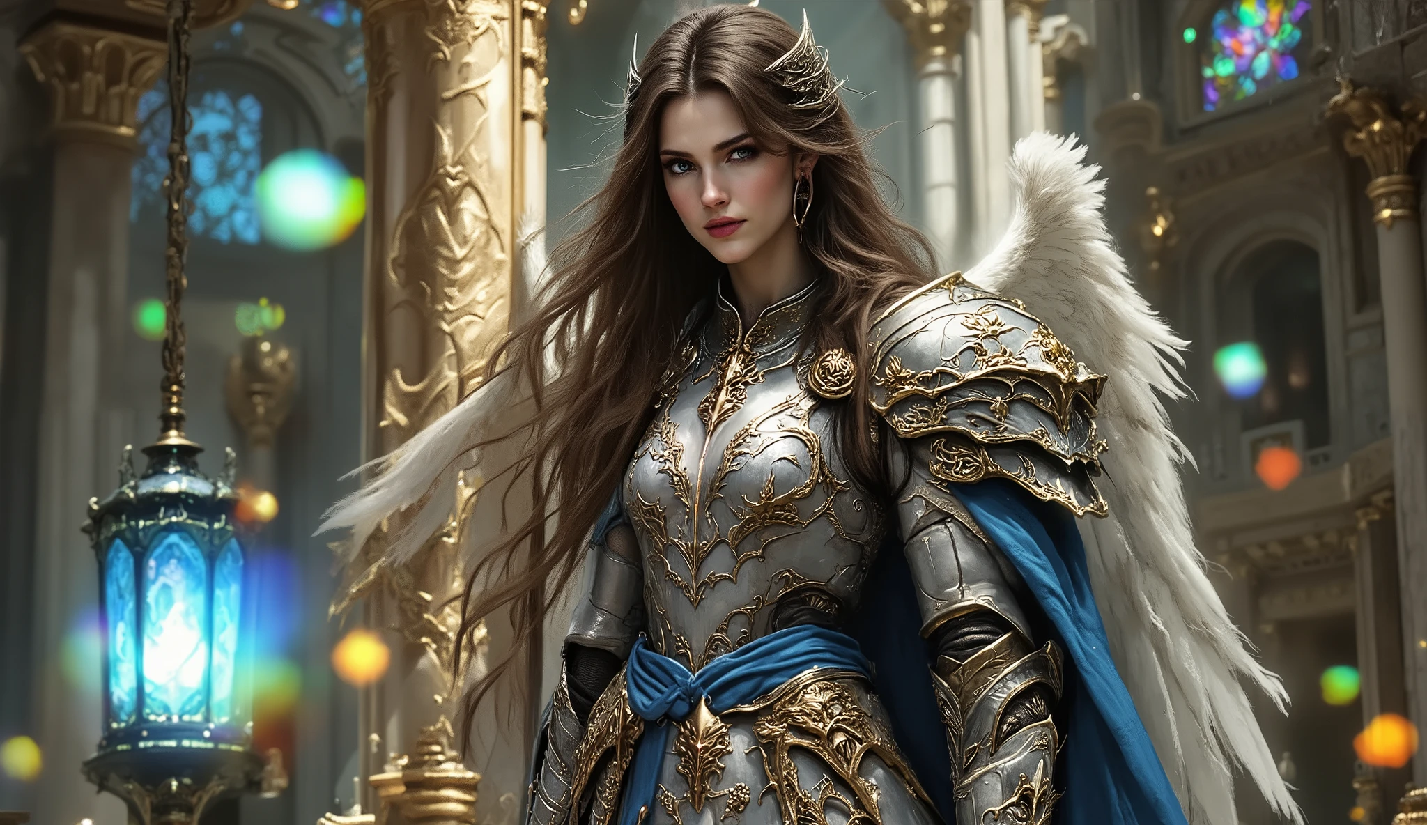 Lyra, a 20-year-old warrior angel with flawless European features, stands gracefully behind a towering golden pillar. Her gaze is sharp and determined, while her long, flowing brown hair cascades gently over her shoulders. Her silver armor gleams, sculpted with a sensual yet regal design—adorned with delicate celestial engravings, its elegant contours accentuating her alluring presence. A silk sapphire sash wraps around her waist, fluttering softly in the heavenly breeze.
Around her, other angels stand tense, their faces illuminated by the cool glow of a flickering blue lantern, casting dramatic shadows on the marble walls etched with ancient celestial symbols. Their voices are hushed yet filled with resolve as they discuss their rebellion against the corrupt heavenly order.
The grand celestial hall they stand in is bathed in prismatic light streaming through towering stained-glass windows, reflecting divine colors onto the golden pillars and sapphire-veined marble floors. Glowing motes drift gently through the air, adding to the magical and electrifying atmosphere. The camera captures every exquisite detail—the sensual gleam of Lyra’s armor, the play of light across her curves, and the passion and defiance in her gaze—all in breathtaking 4K clarity, as if time itself had frozen in eternity.