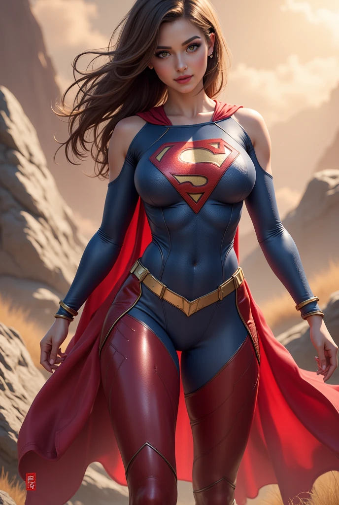 Supergirl from DC, big breasts, frontal, full-length, looking at the camera, facing the audience, standing pose, sky over Metropolis background, three-dimensional light, detailed full-body concept, sleek digital concept art, beautiful full-body concept art, art trend, CGsociety full-length,