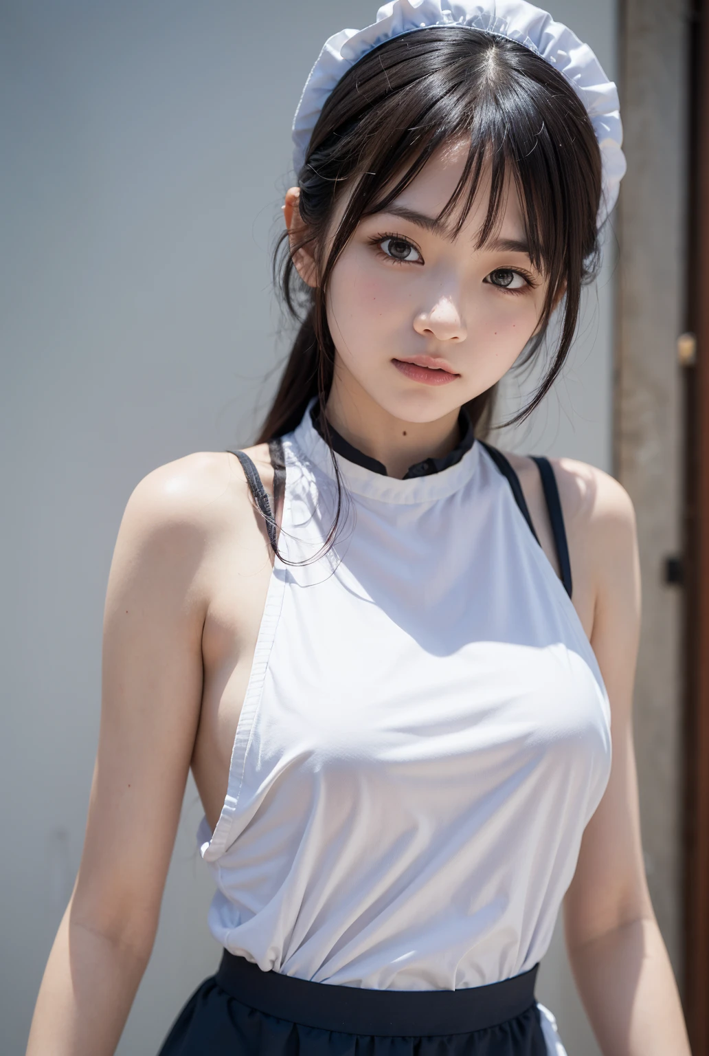 ((masterpiece, best quality)),((high resolution:1.3)), 1 Girl, solo, Cowboy Shot, Blurred Background, silky hair, (((Small breasts:1.3))), Thighs, (((cool Pose))), (Sleeveless mini dress), ((show underwear:1.2)),