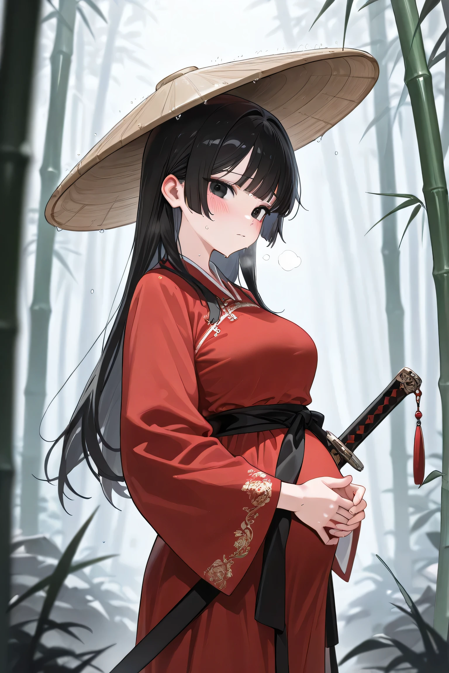 (Best quality, 4k, 8k, high resolution, masterpiece:1.2), ultra detailed, intricate details, beautiful girl, alone, long black hair, bangs, black eyes, medium breasts, perfect smooth skin, looking at viewer, head tilted, traditional Asian clothing, red hanfu with black accents, wide sleeves, black sash around waist, slightly nervous expression, (blush:1.1), (Pregnant:1.0), at forest on big stone, standing, sweating, heavy breathing, bamboo hat, (raining:1.0), hat Hover hair, hands holding Chinese sword in sword sheath