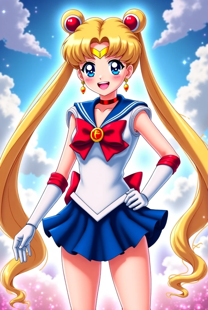 masterpiece, high definition, best quality, rendered art, well formed hands, fingers and body, 1 woman, solo, sailor moon , adult, grown up, twin tails, blonde, big breasted, cleavage, full body, , sexy sailor senshi uniform, short blue skirt, red boots, gorgeous hips, legs and thighs, blond, white elbow gloves, sailor collar, tiara, earrings, dancing seductively and erotically, shaking her body, showing her back and front, wind lifting skirt, smiling joyfully and brightly, looking at the viewer, flirting, beach environment